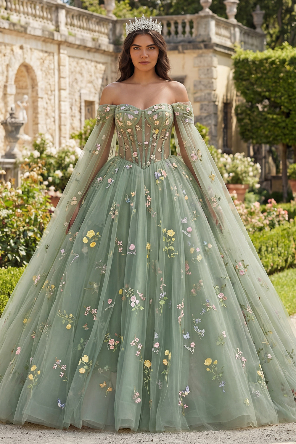Off-The-Shoulder Green Floral Ball Gown Quinceañera Dress with Cape Sleeves