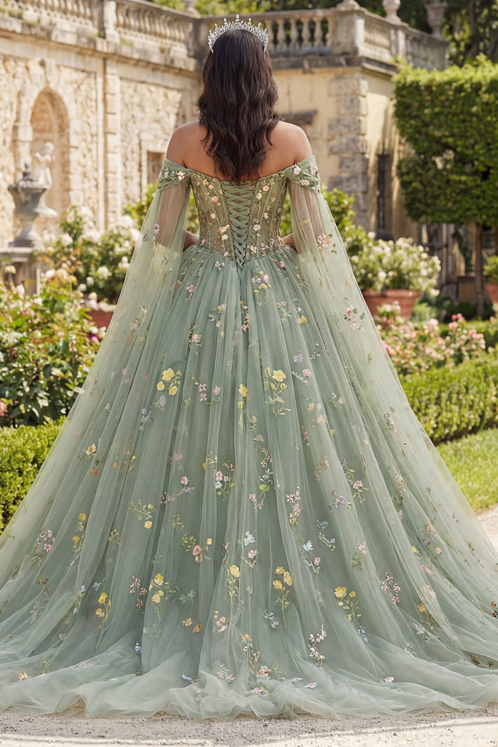 Off-The-Shoulder Green Floral Ball Gown Quinceañera Dress with Cape Sleeves