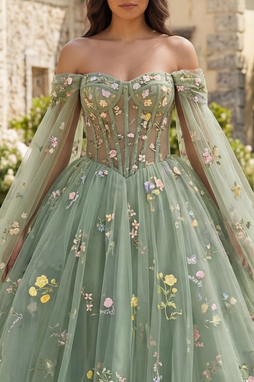 Off-The-Shoulder Green Floral Ball Gown Quinceañera Dress with Cape Sleeves