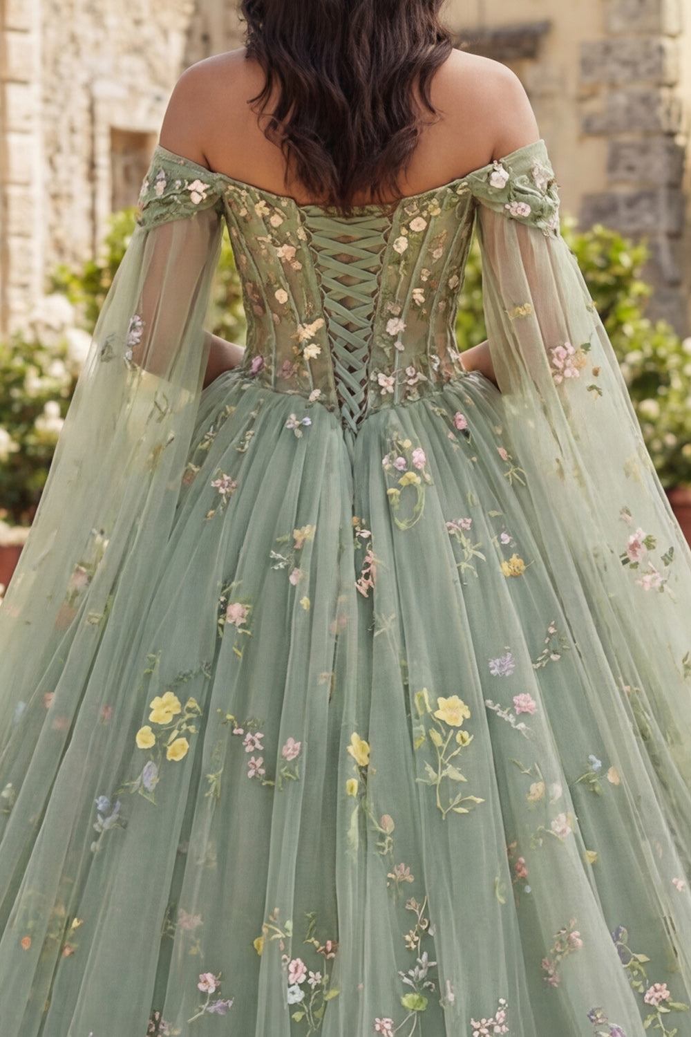 Off-The-Shoulder Green Floral Ball Gown Quinceañera Dress with Cape Sleeves