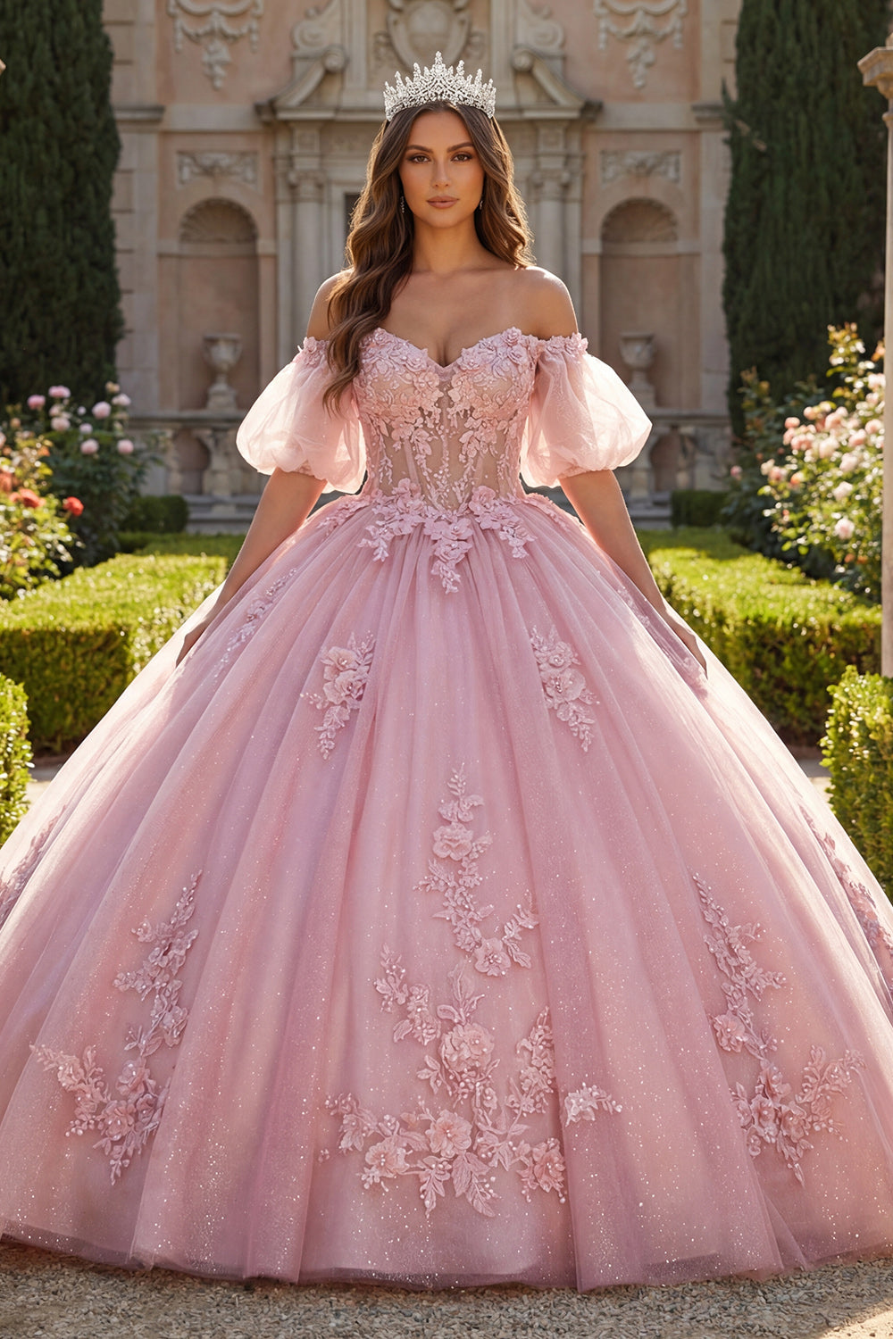 Robe de bal de Quinceañera rose avec épaules dénudées, appliques et manches bouffantes
