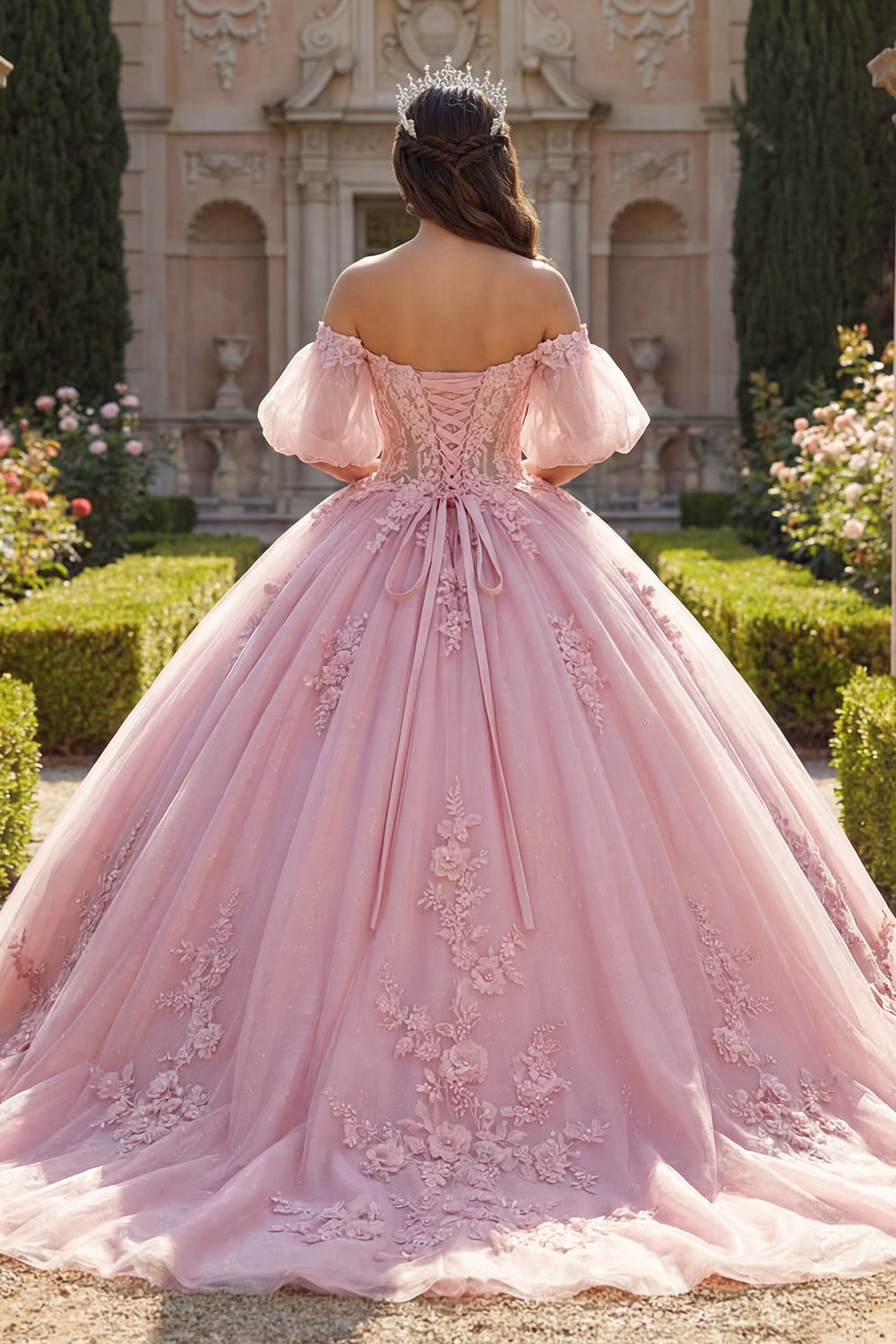 Robe de bal de Quinceañera rose avec épaules dénudées, appliques et manches bouffantes