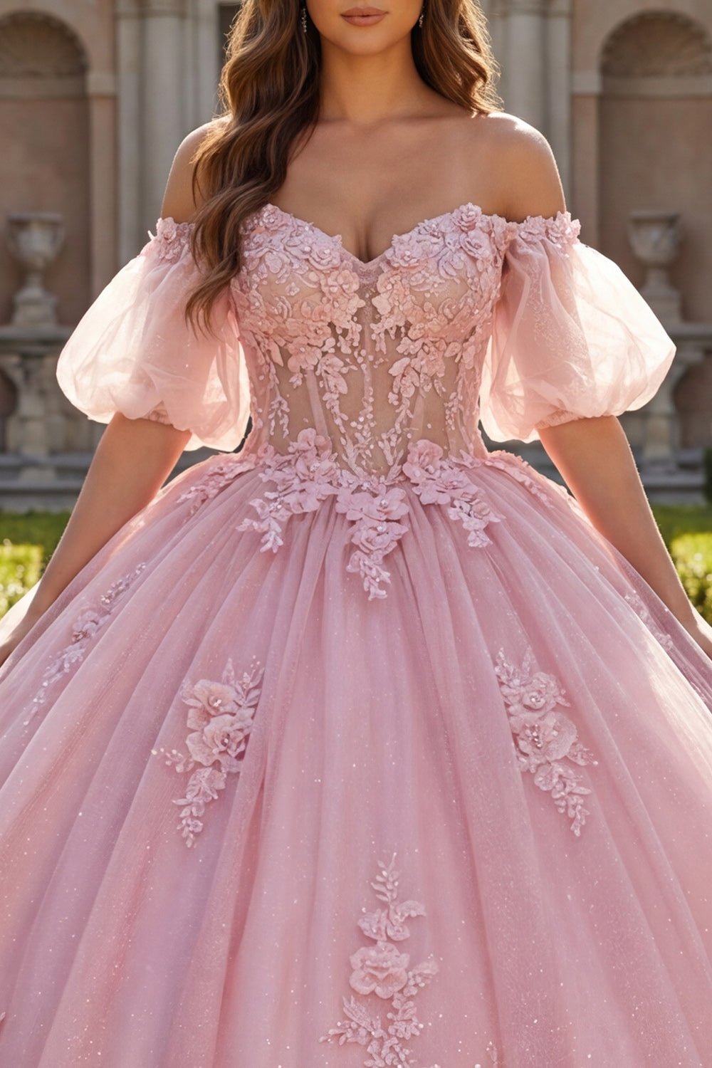 Robe de bal de Quinceañera rose avec épaules dénudées, appliques et manches bouffantes