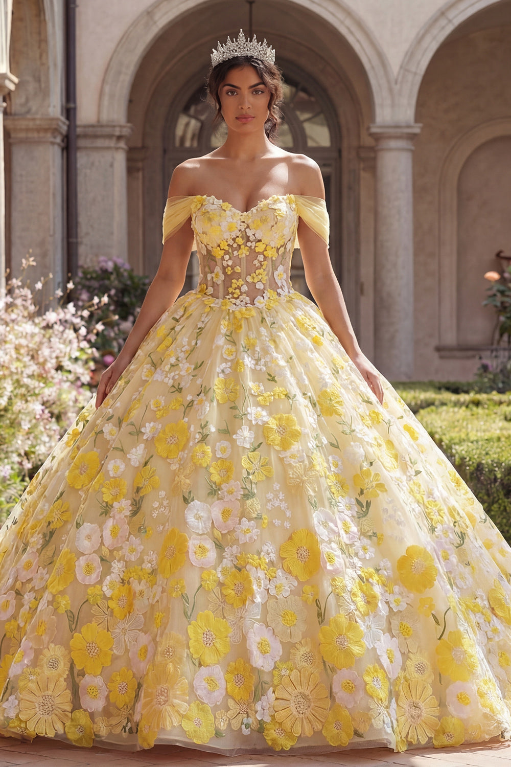 Ball Gown Yellow Off-the-Shoulder Corset Appliquéd Quinceañera Dress