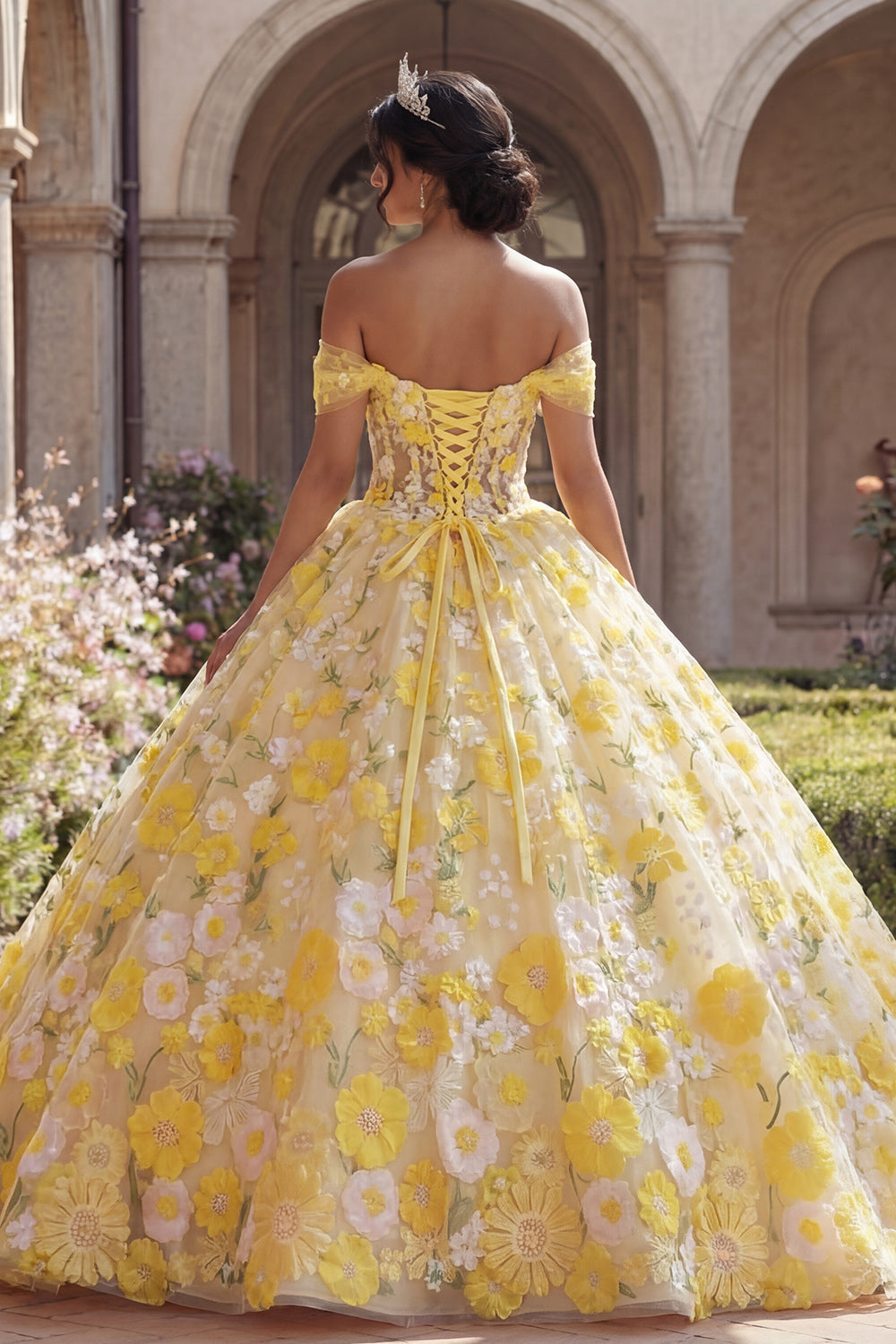 Ball Gown Yellow Off-the-Shoulder Corset Appliquéd Quinceañera Dress