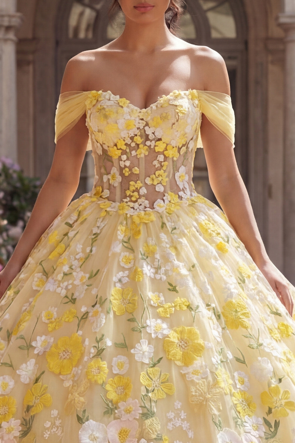 Ball Gown Yellow Off-the-Shoulder Corset Appliquéd Quinceañera Dress