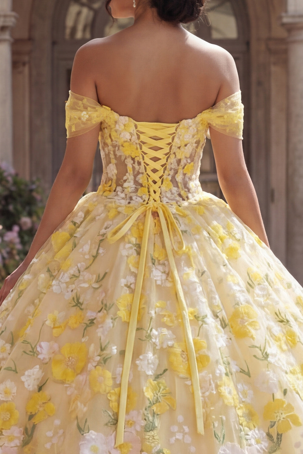 Ball Gown Yellow Off-the-Shoulder Corset Appliquéd Quinceañera Dress