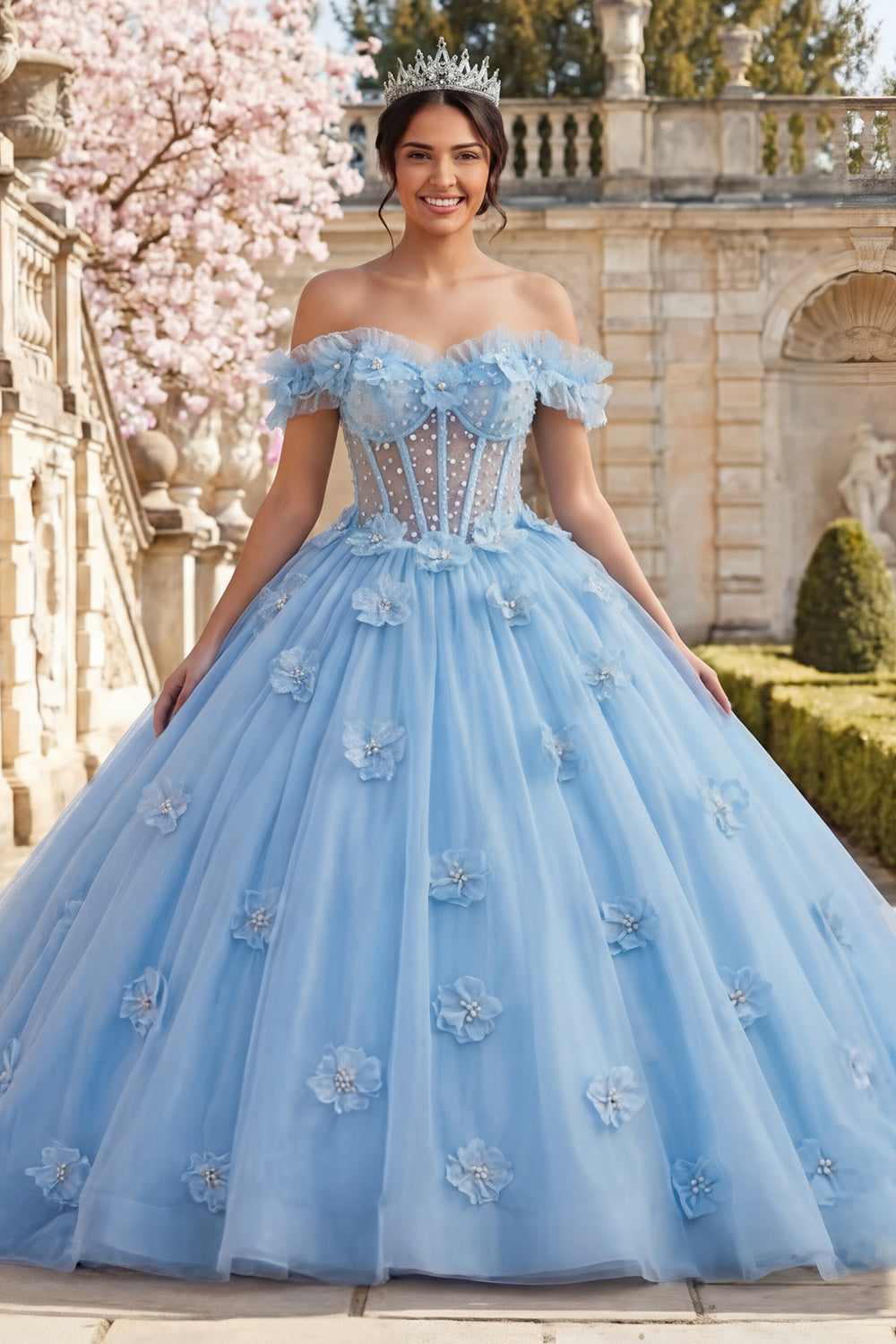 Off-the-Shoulder Blue Pearl Corset Ball Gown Quinceanera Dress with 3D Flowers
