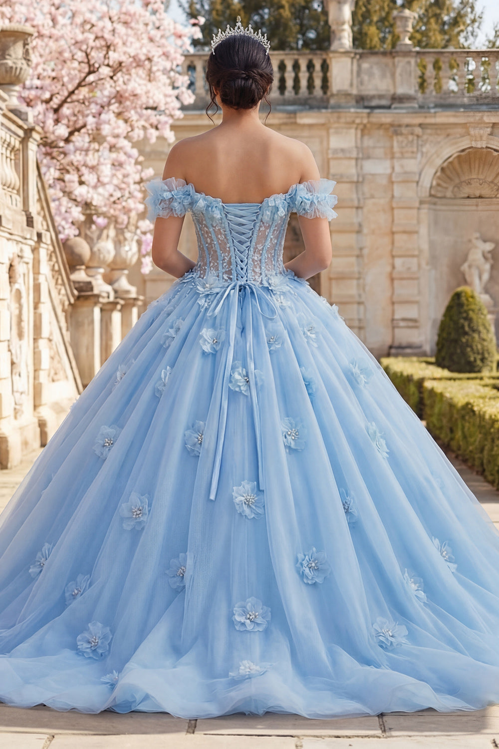Off-the-Shoulder Blue Pearl Corset Ball Gown Quinceanera Dress with 3D Flowers