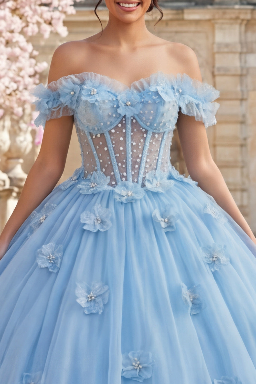 Off-the-Shoulder Blue Pearl Corset Ball Gown Quinceanera Dress with 3D Flowers