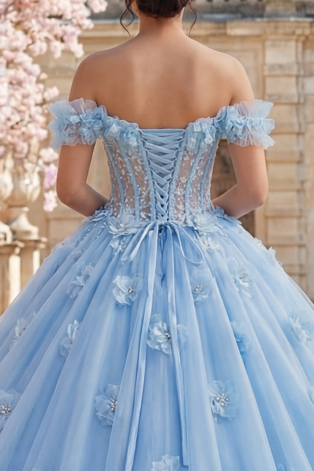 Off-the-Shoulder Blue Pearl Corset Ball Gown Quinceanera Dress with 3D Flowers