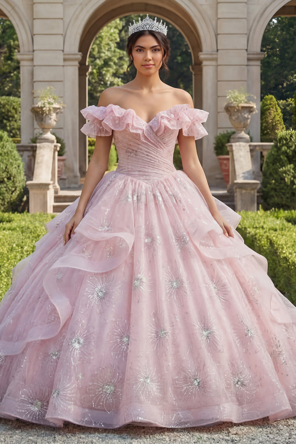 Robe de bal de quinceañera rose pailletée à volants et épaules dénudées