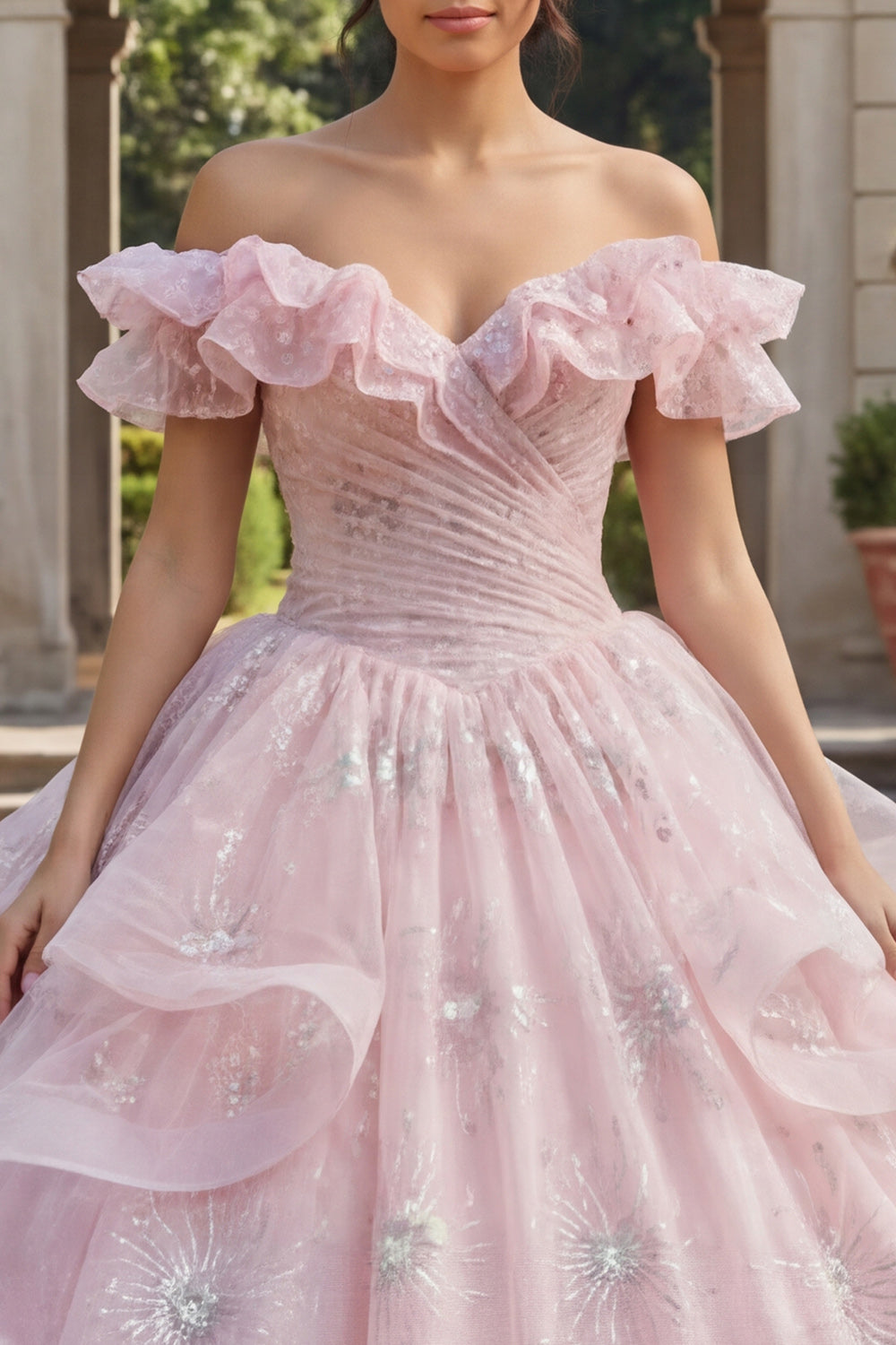 Robe de bal de quinceañera rose pailletée à volants et épaules dénudées