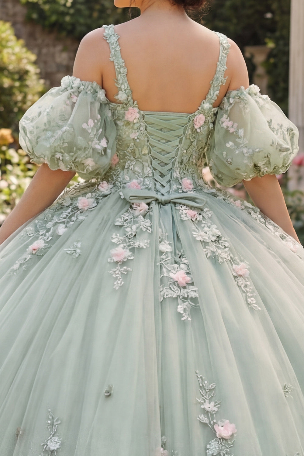 Sage Green Ball Gown 3D Flowers Princess Quinceanera Dress with Puff Sleeves