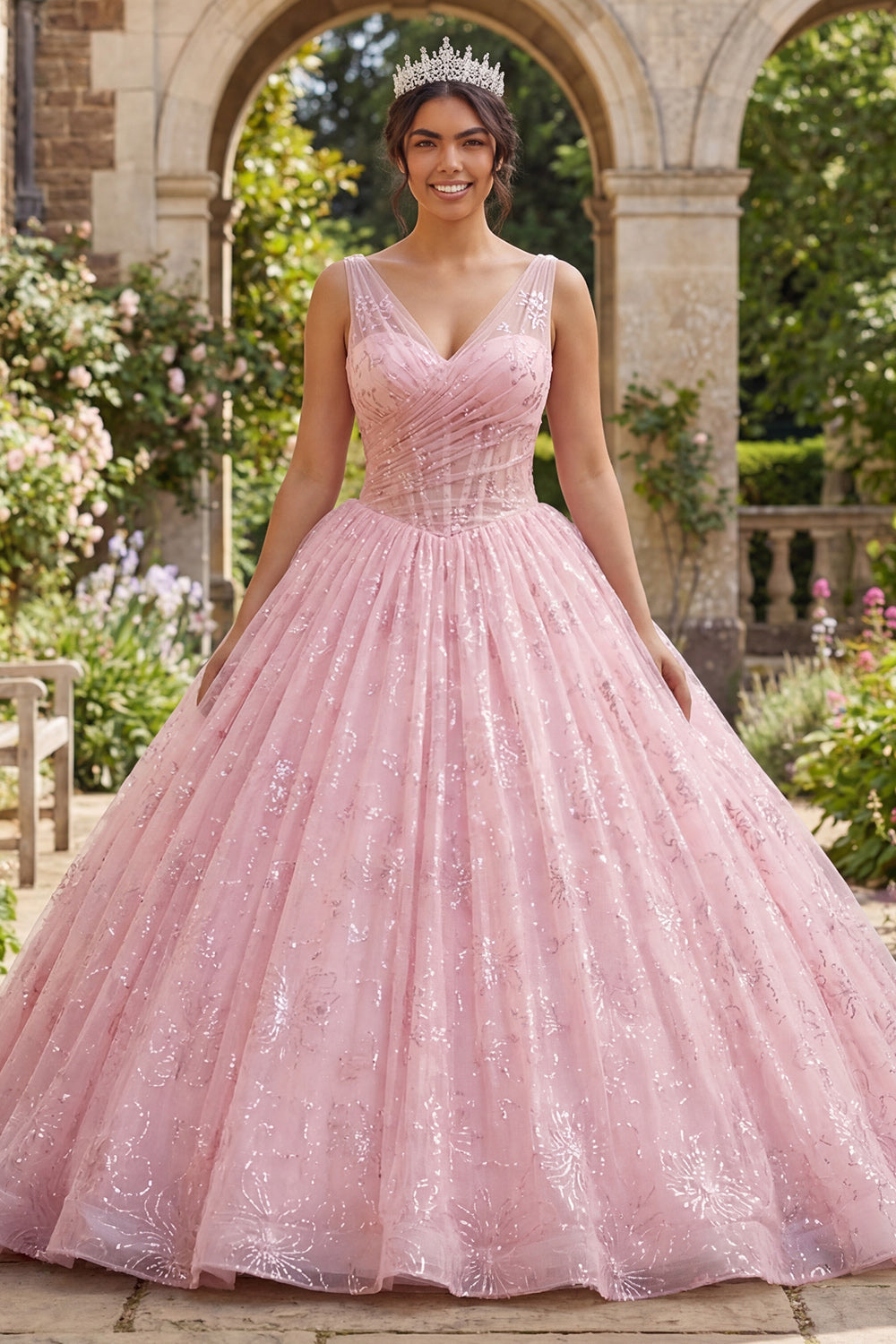 Robe de bal corset rose pailleté col V pour Quinceañera
