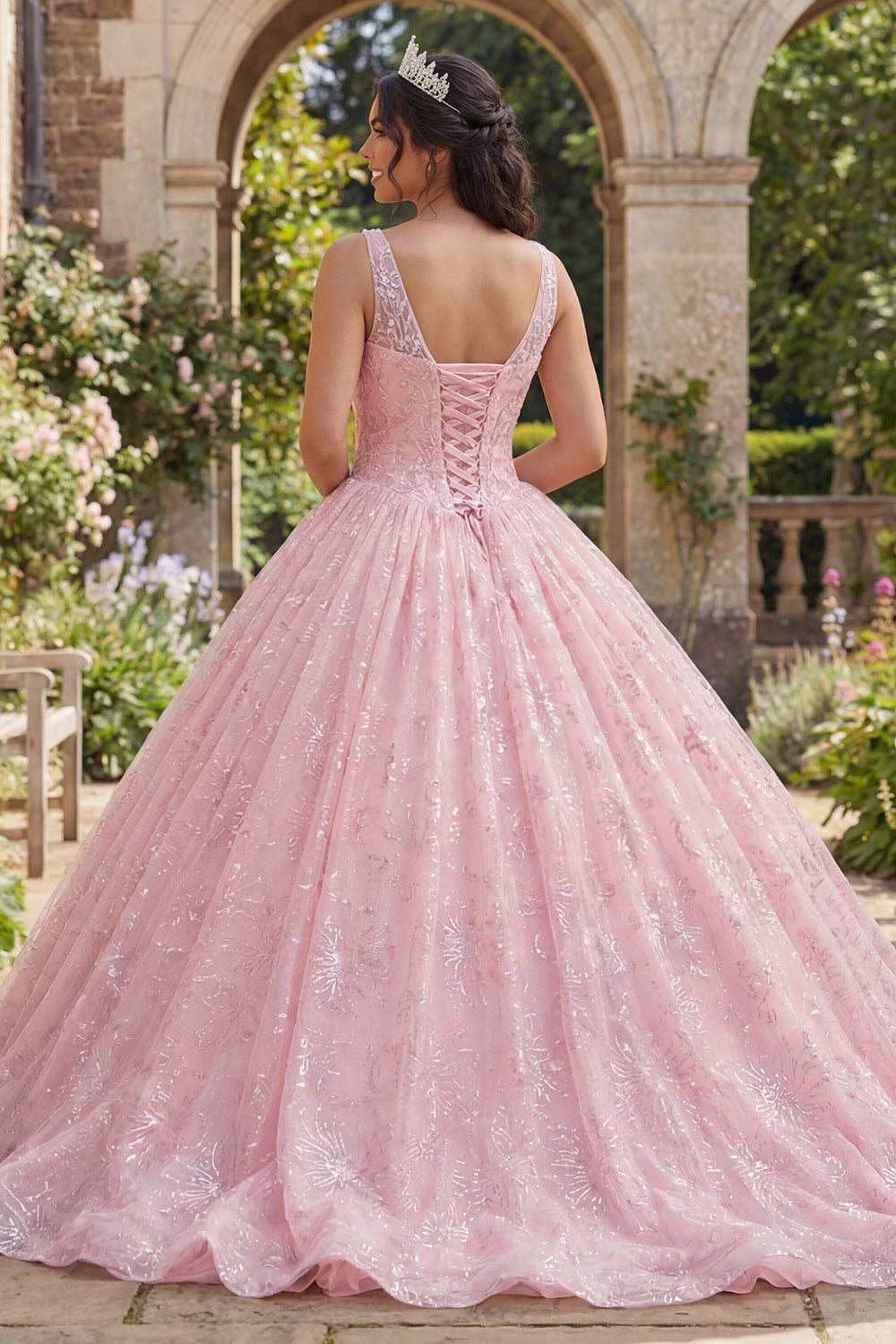 Robe de bal corset rose pailleté col V pour Quinceañera