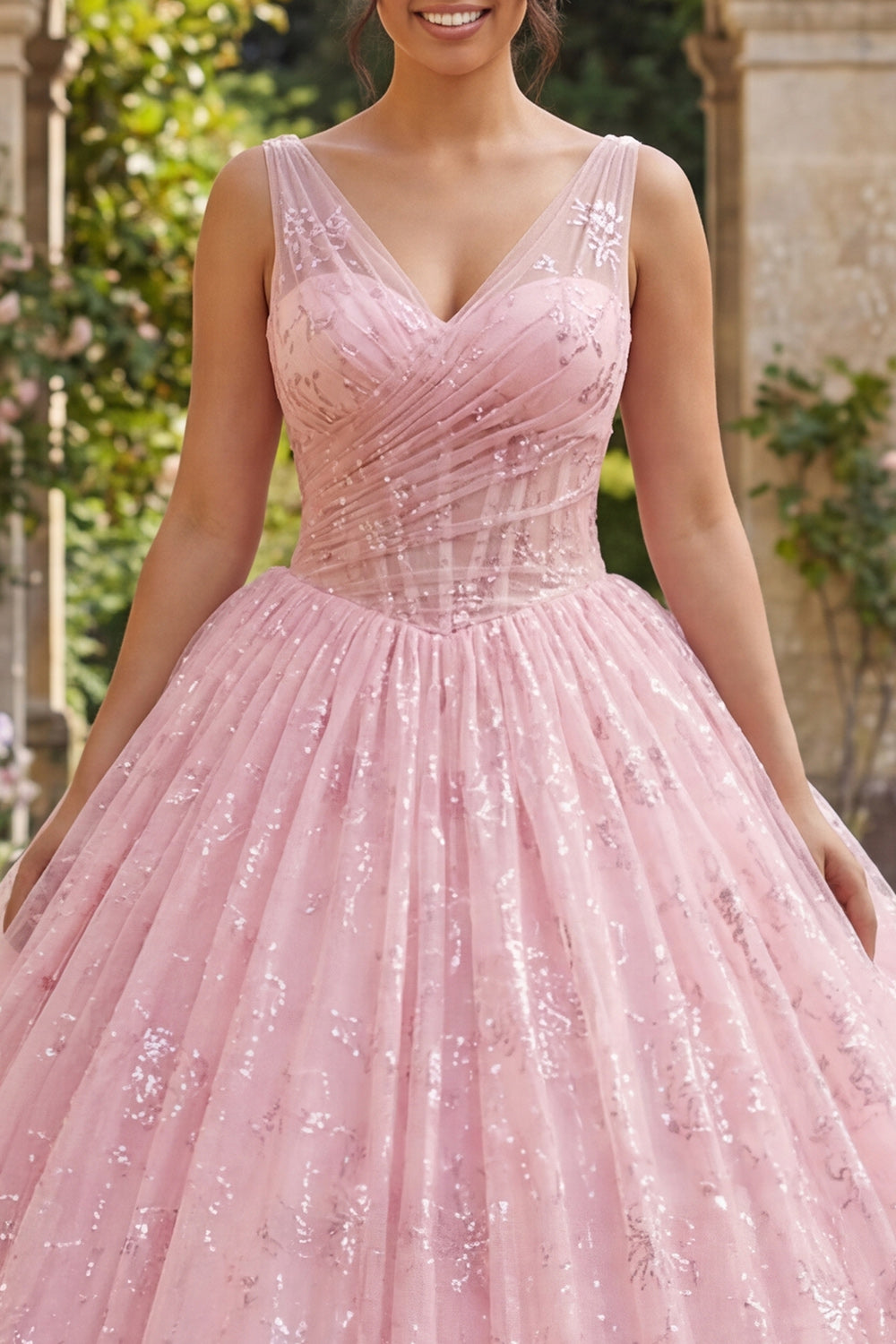 Robe de bal corset rose pailleté col V pour Quinceañera