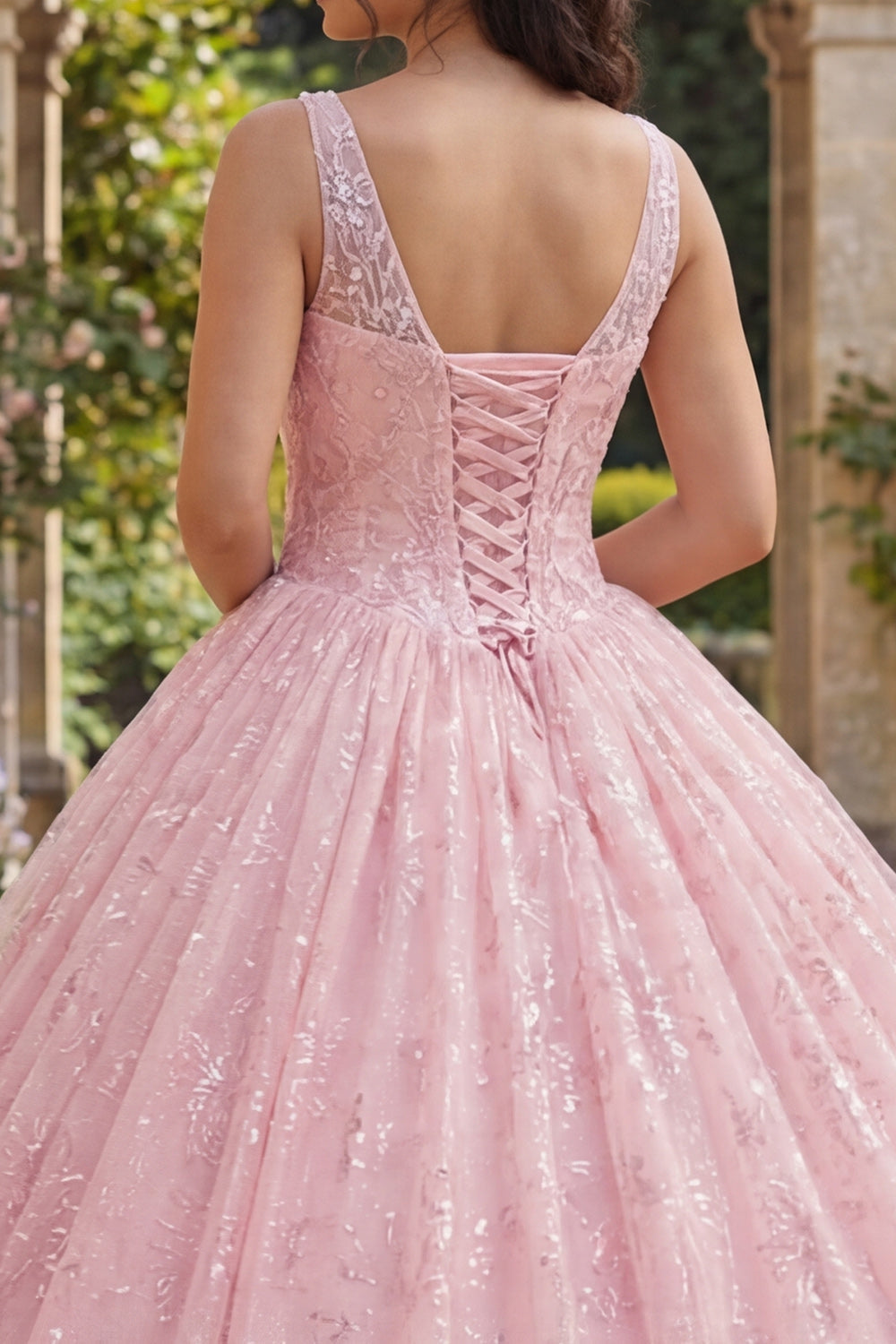 Robe de bal corset rose pailleté col V pour Quinceañera
