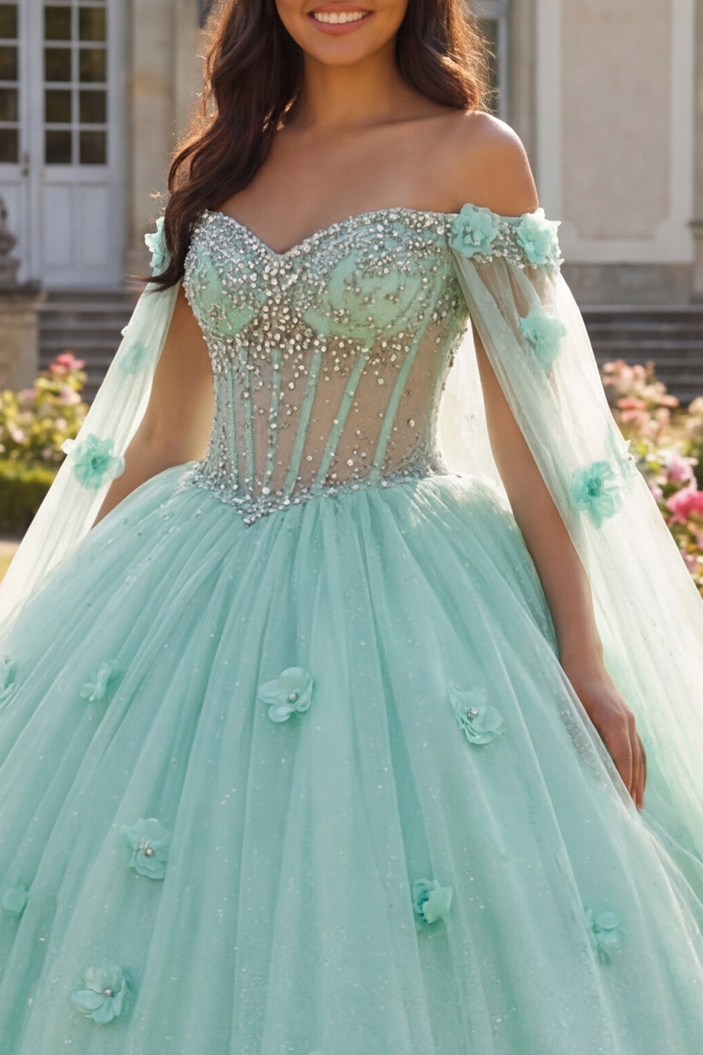 Robe de Quinceañera vert menthe à épaules dénudées, corsage, fleurs 3D et manches cape perlée
