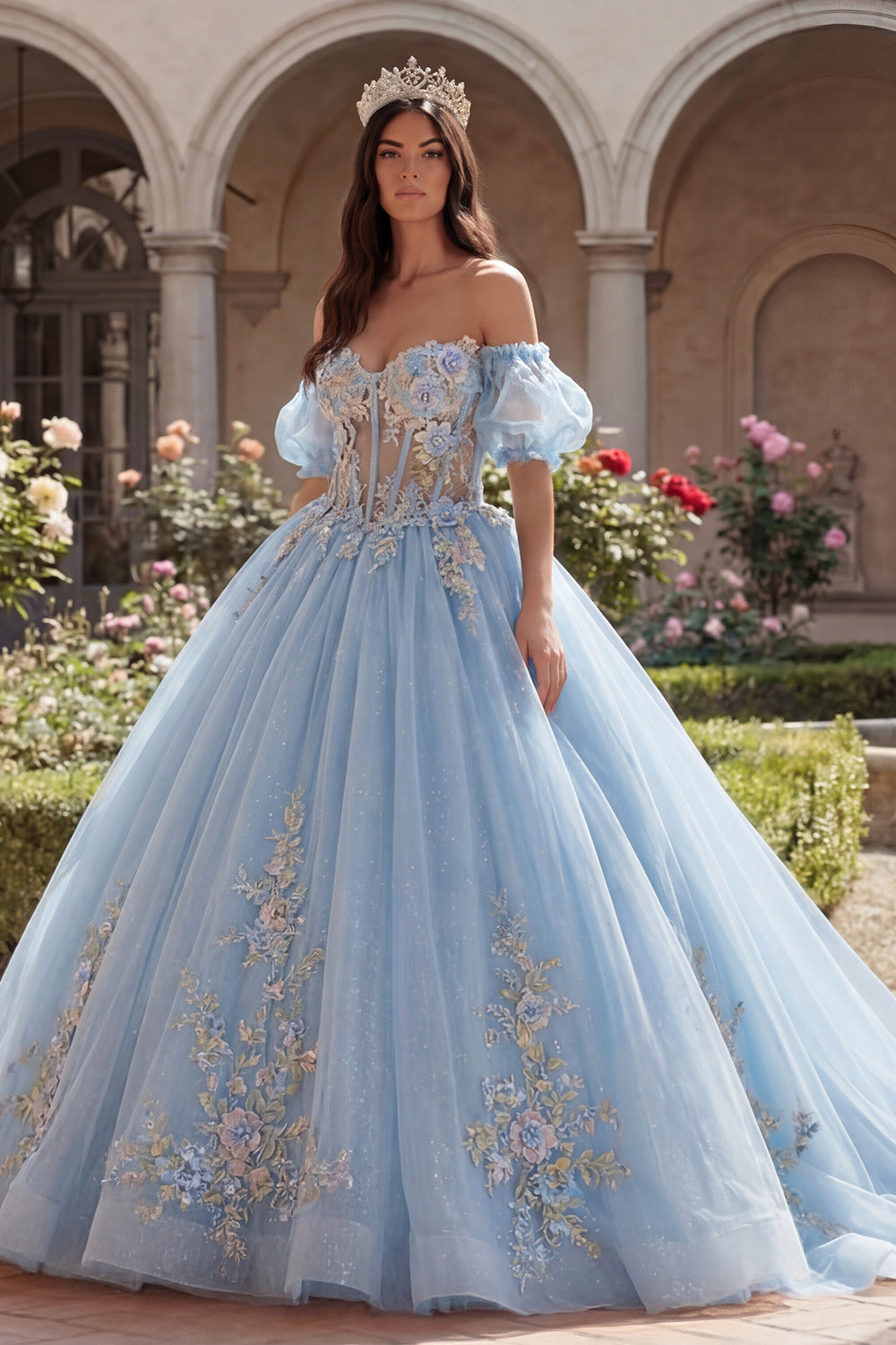 Sky Blue Off-the-Shoulder Ball Gown Quinceañera Dress with Appliquéd Corset and Puff Sleeves