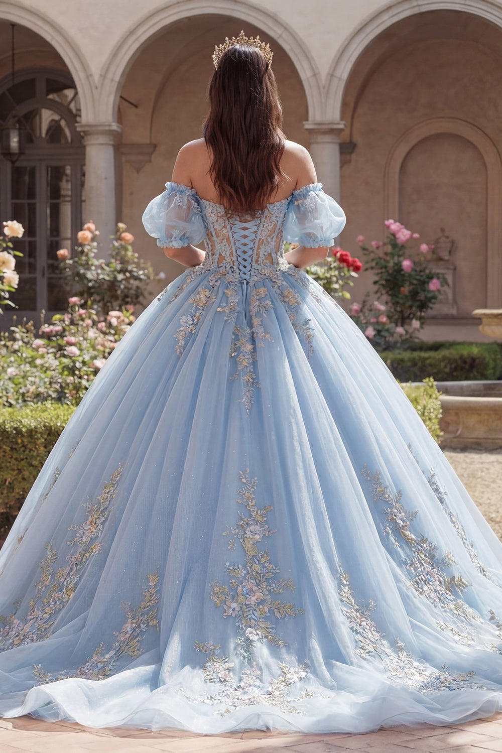 Sky Blue Off-the-Shoulder Ball Gown Quinceañera Dress with Appliquéd Corset and Puff Sleeves