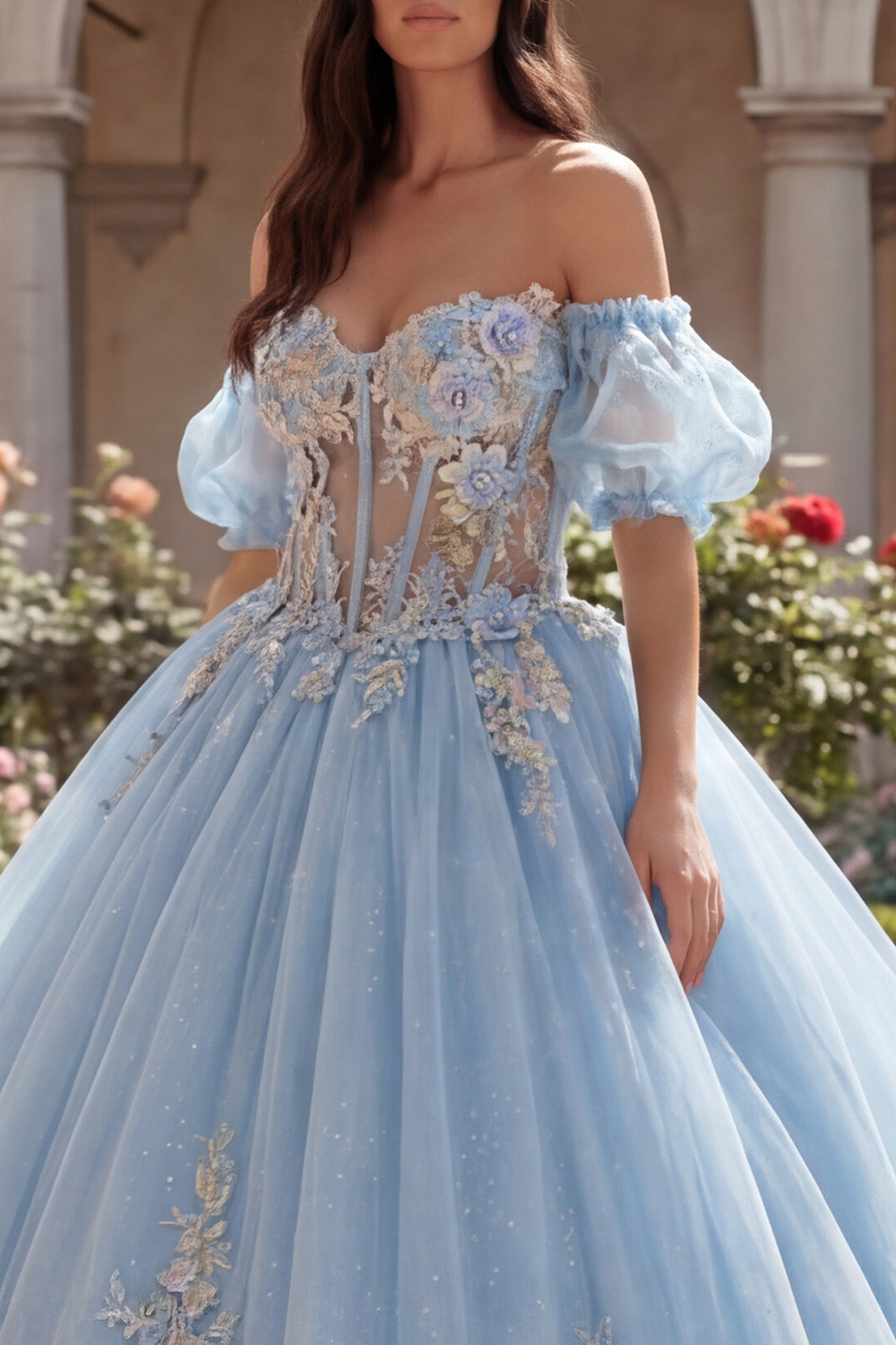 Sky Blue Off-the-Shoulder Ball Gown Quinceañera Dress with Appliquéd Corset and Puff Sleeves