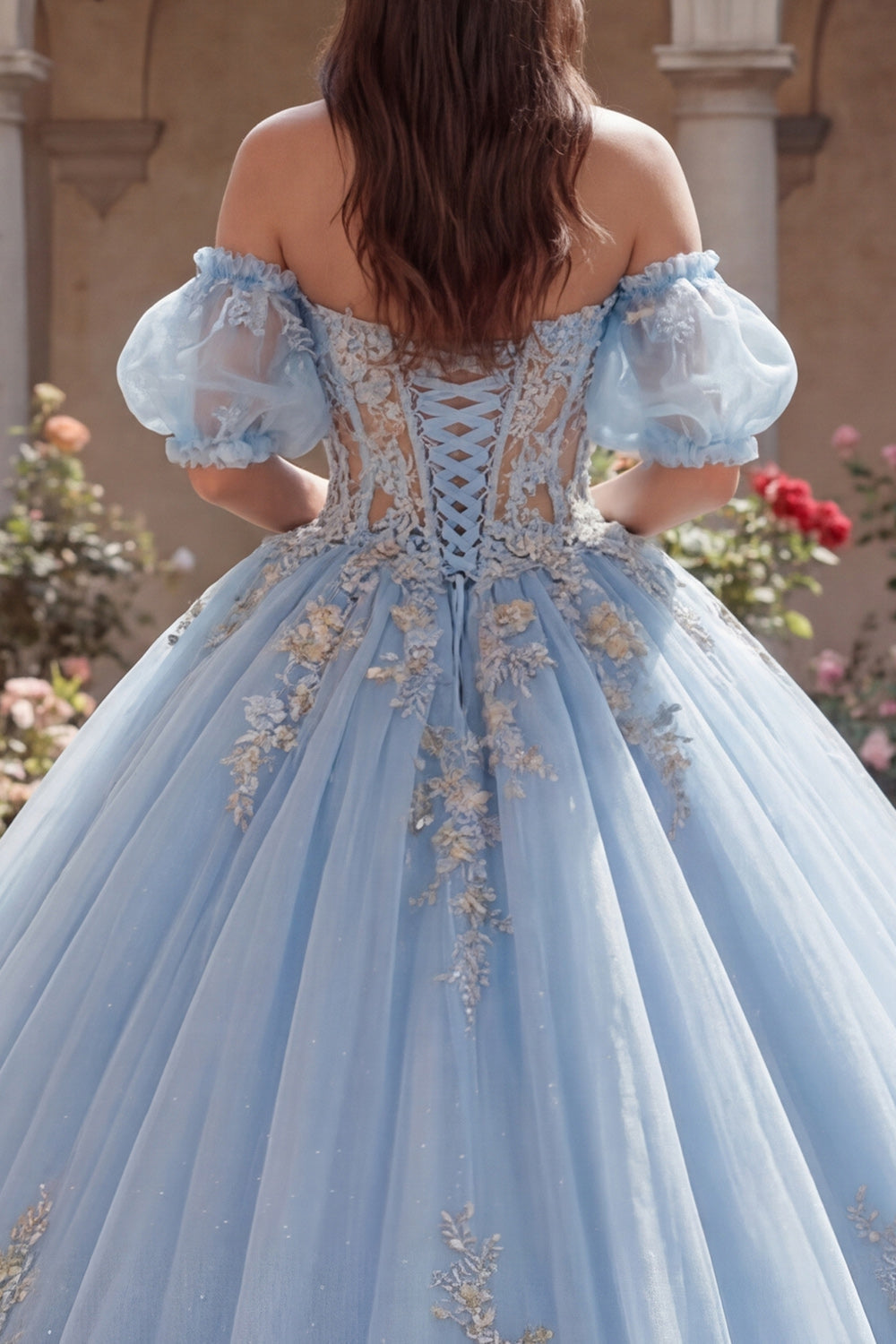 Sky Blue Off-the-Shoulder Ball Gown Quinceañera Dress with Appliquéd Corset and Puff Sleeves