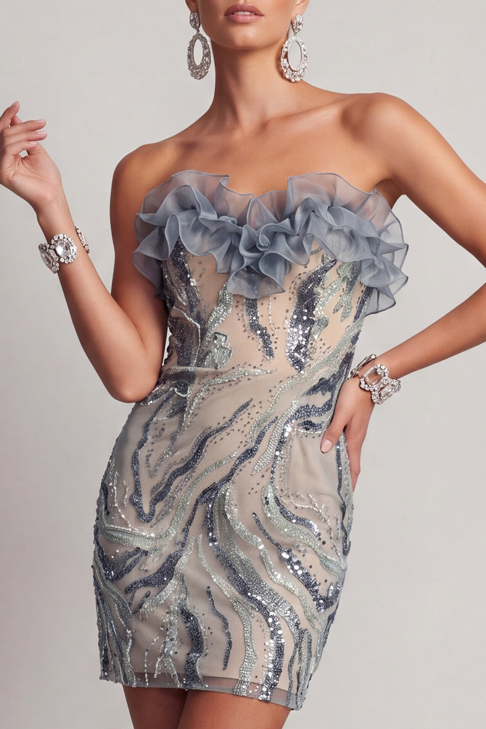 Sparkly Dusty Blue Strapless Beaded Tight Short Cocktail Dress with Ruffles