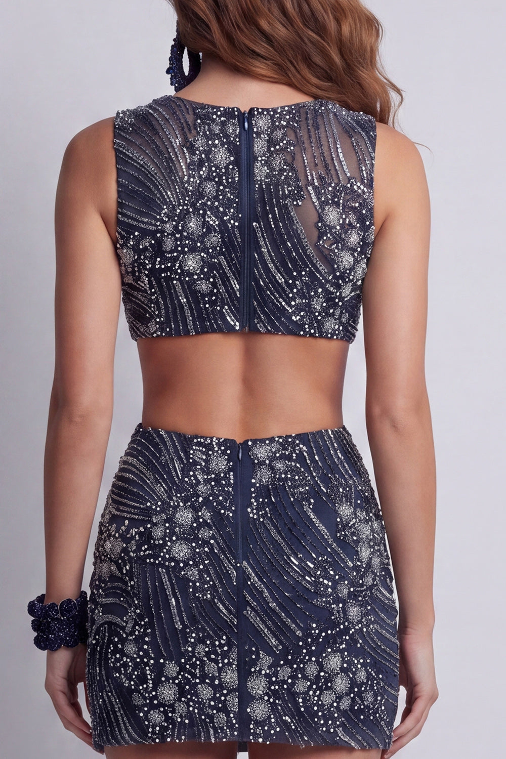 Sparkly Navy Boat Neck Cut Out Beaded Tight Short Cocktail Dress