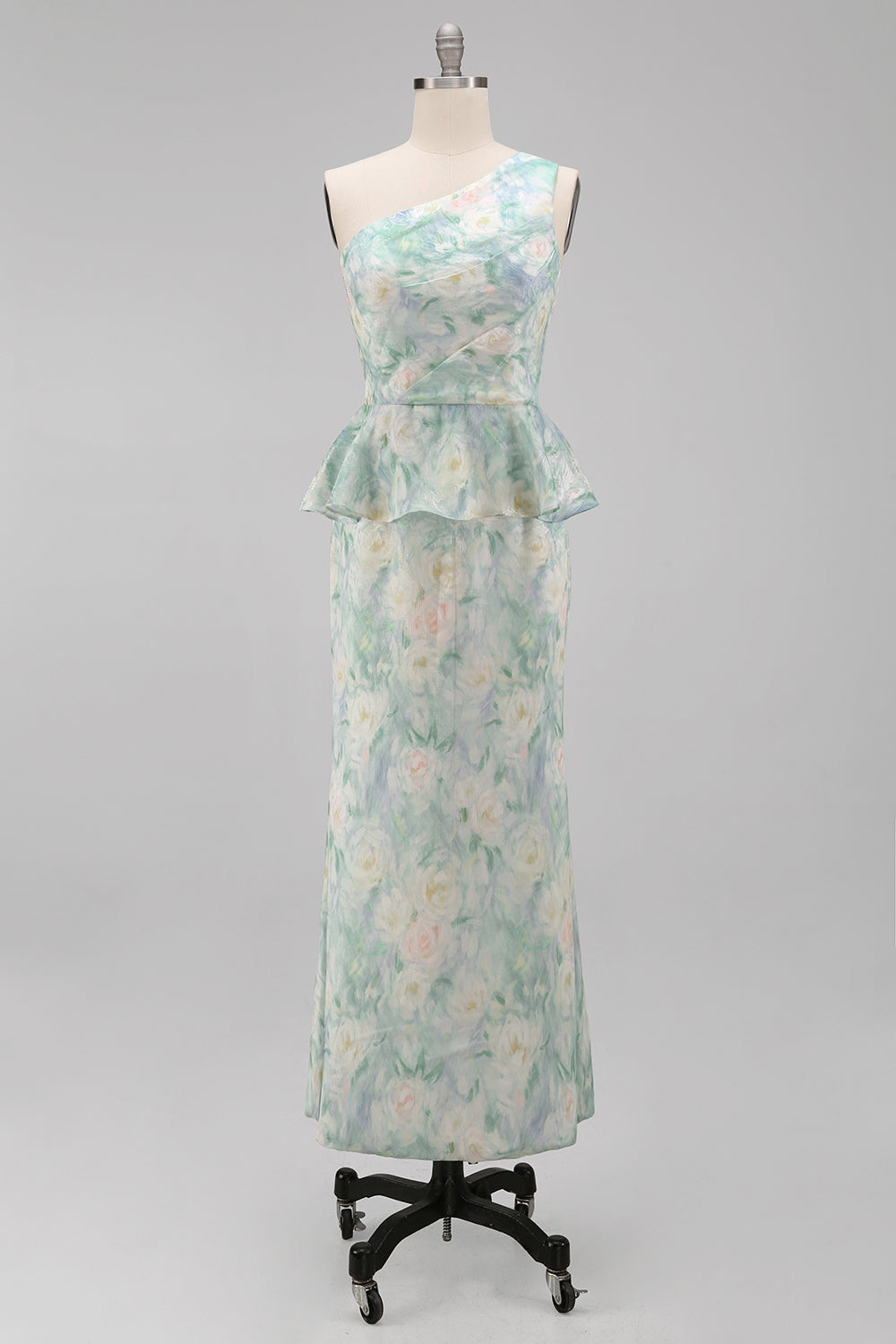 One Shoulder Light Green Floral Mermaid Formal Dress