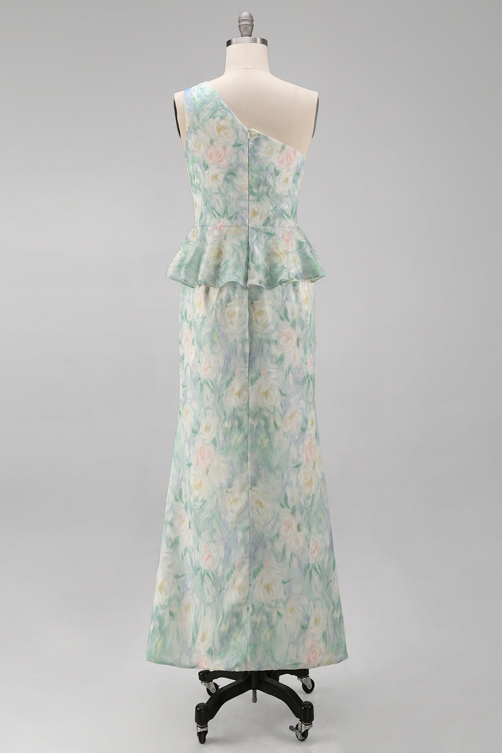 One Shoulder Light Green Floral Mermaid Formal Dress