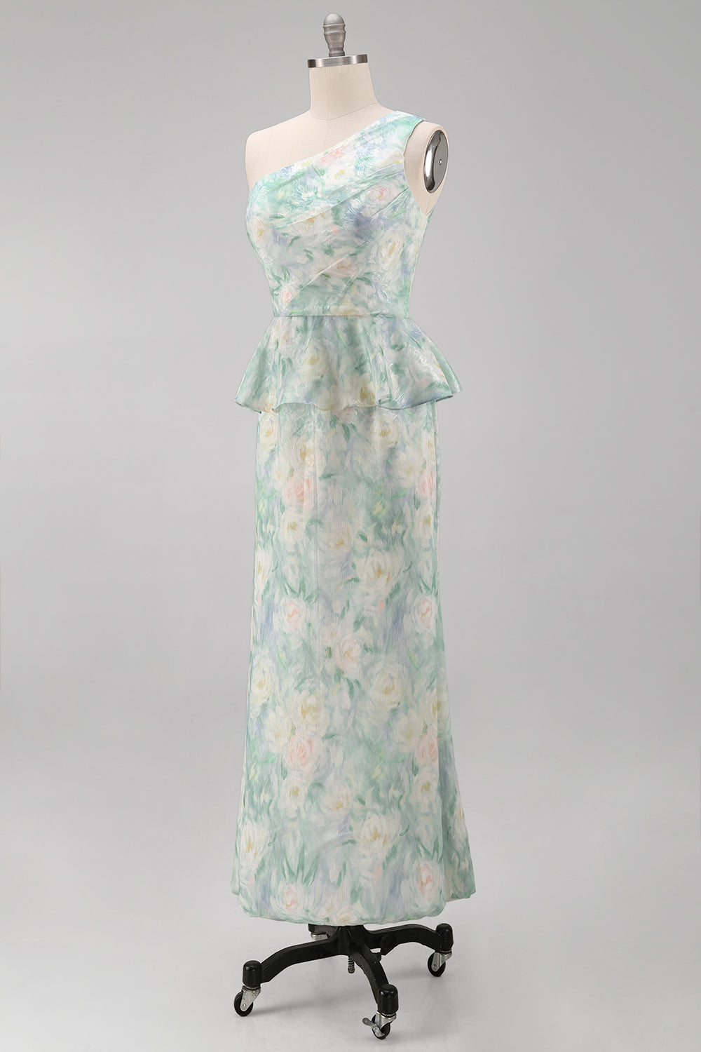 One Shoulder Light Green Floral Mermaid Formal Dress