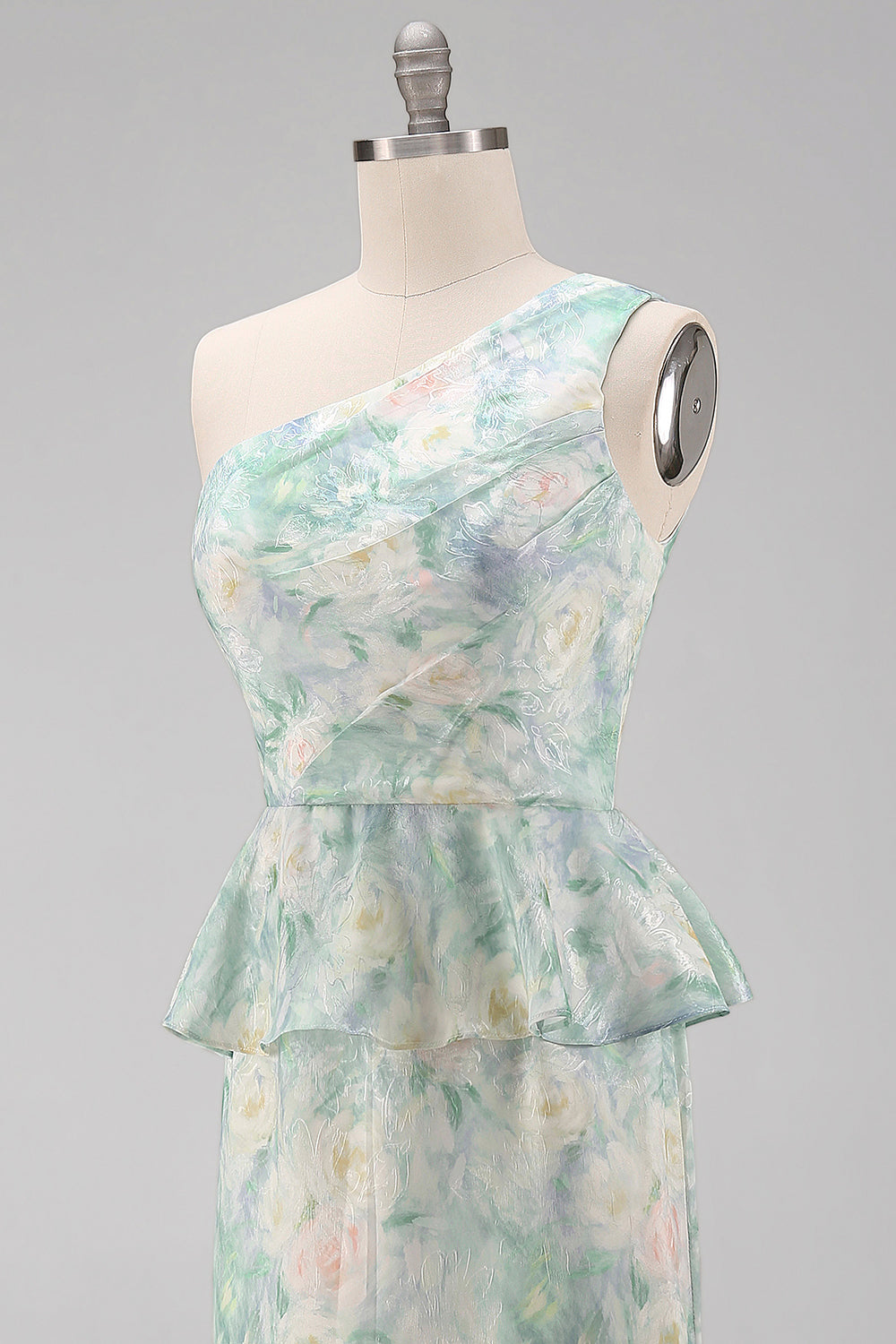 One Shoulder Light Green Floral Mermaid Formal Dress