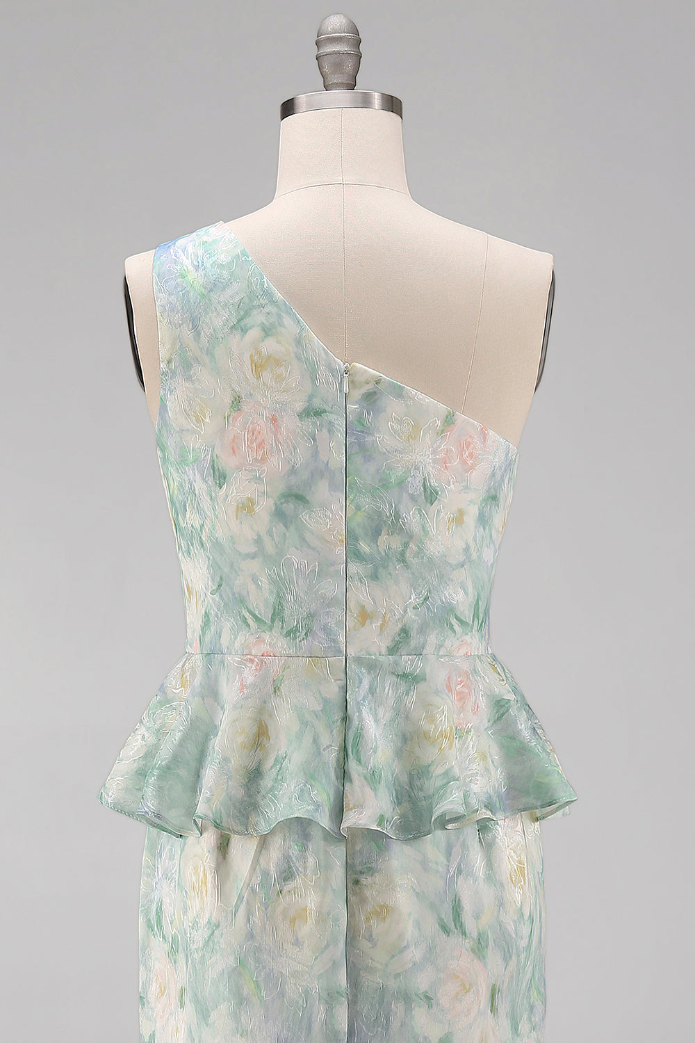 One Shoulder Light Green Floral Mermaid Formal Dress