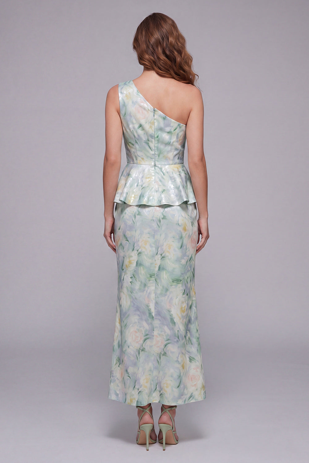 One Shoulder Light Green Floral Mermaid Formal Dress