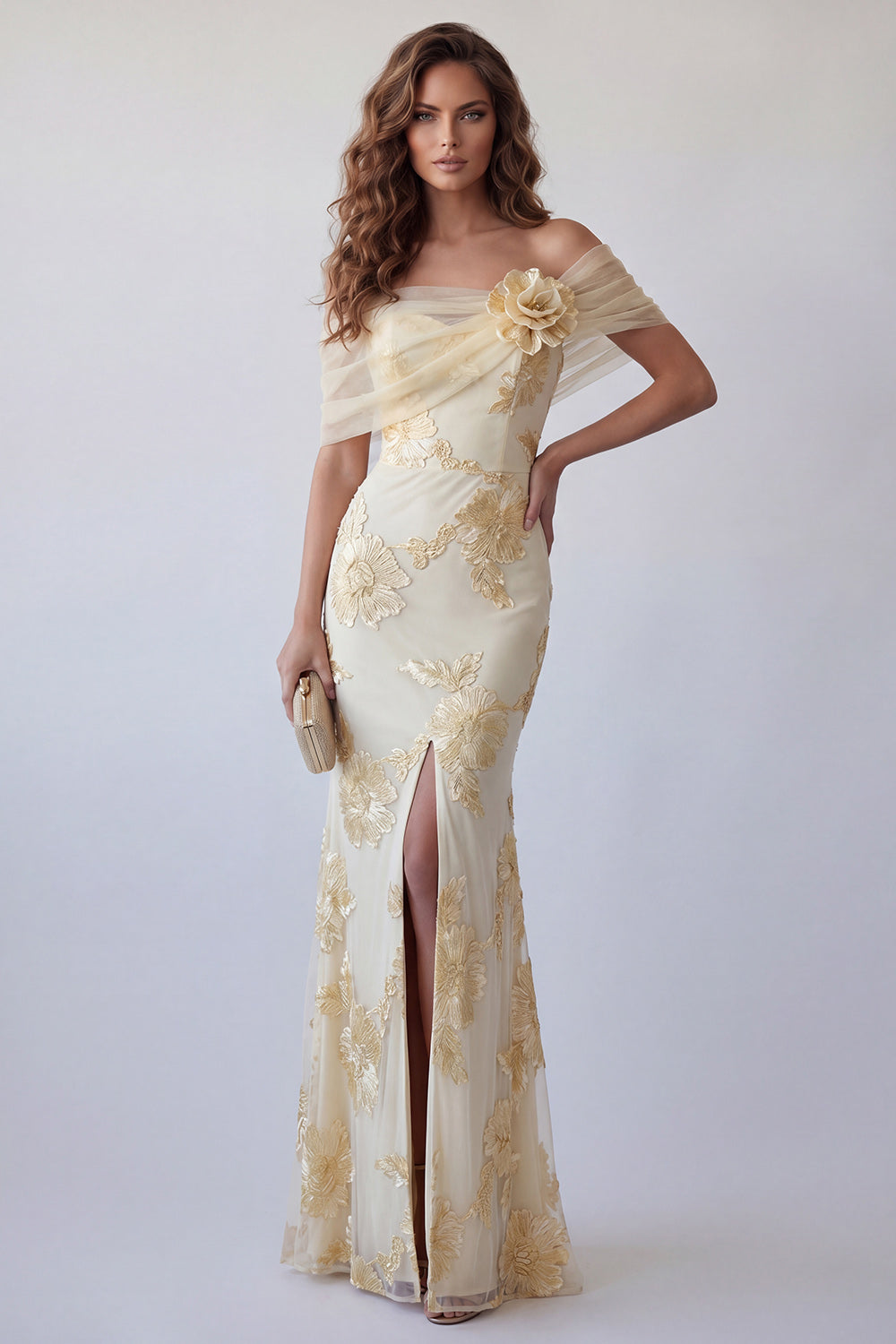 Off-The-Shoulder Light Yellow Embroidered Mermaid Formal Dress