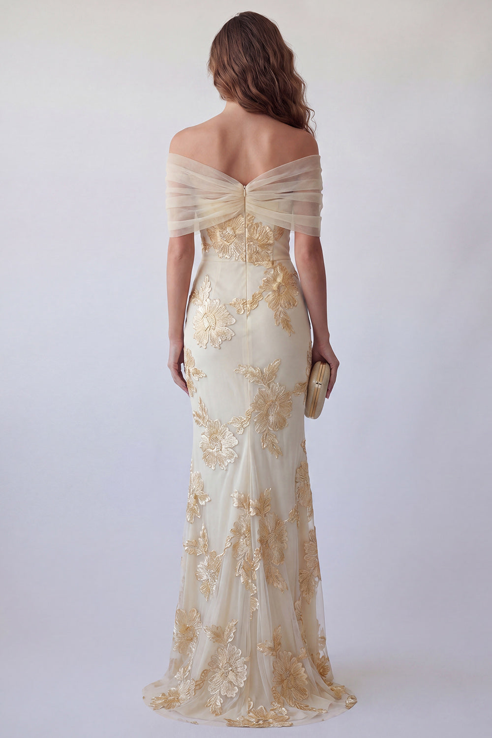 Off-The-Shoulder Light Yellow Embroidered Mermaid Formal Dress