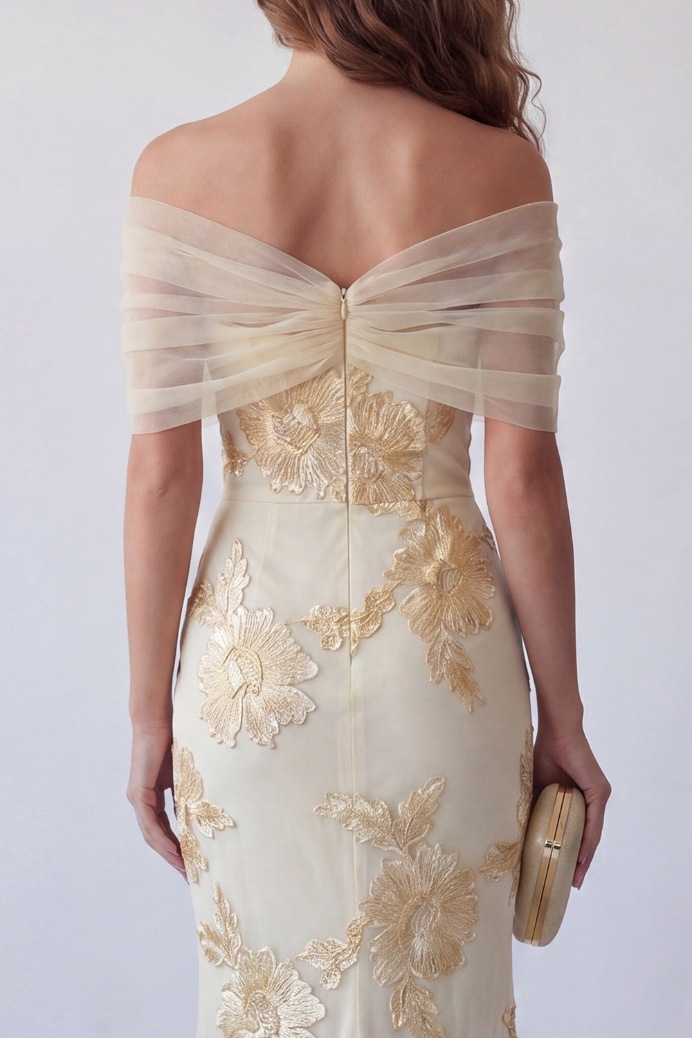 Off-The-Shoulder Light Yellow Embroidered Mermaid Formal Dress