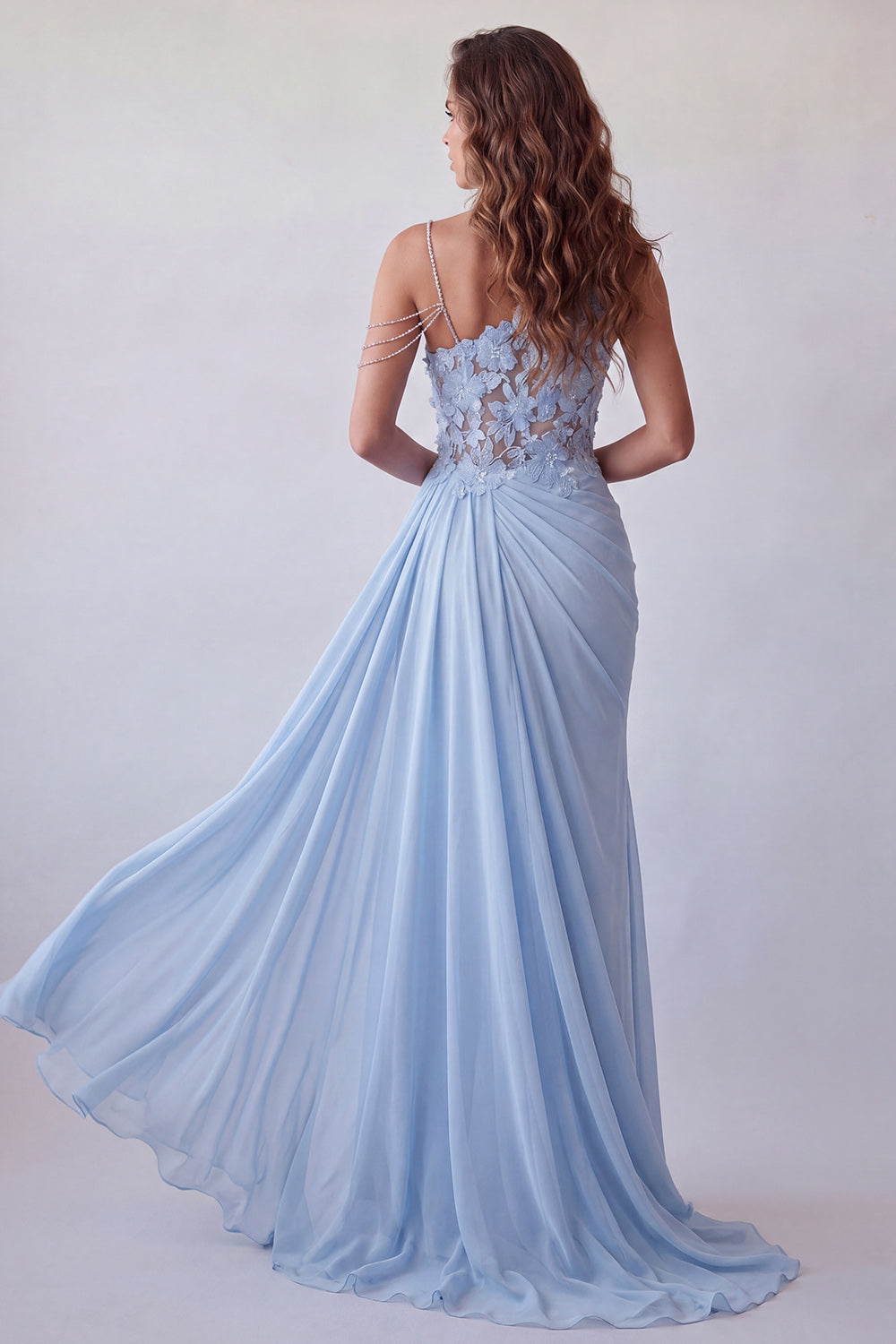 One Shoulder Sky Blue Appliqued Chiffon Formal Dress with Streamer