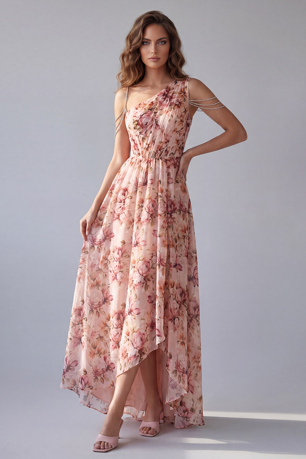 One Shoulder Pink Floral A-Line Formal Dress