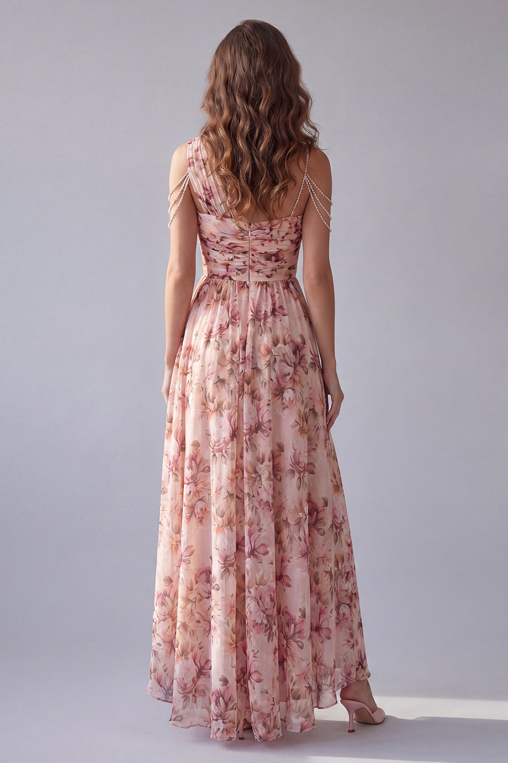 One Shoulder Pink Floral A-Line Formal Dress