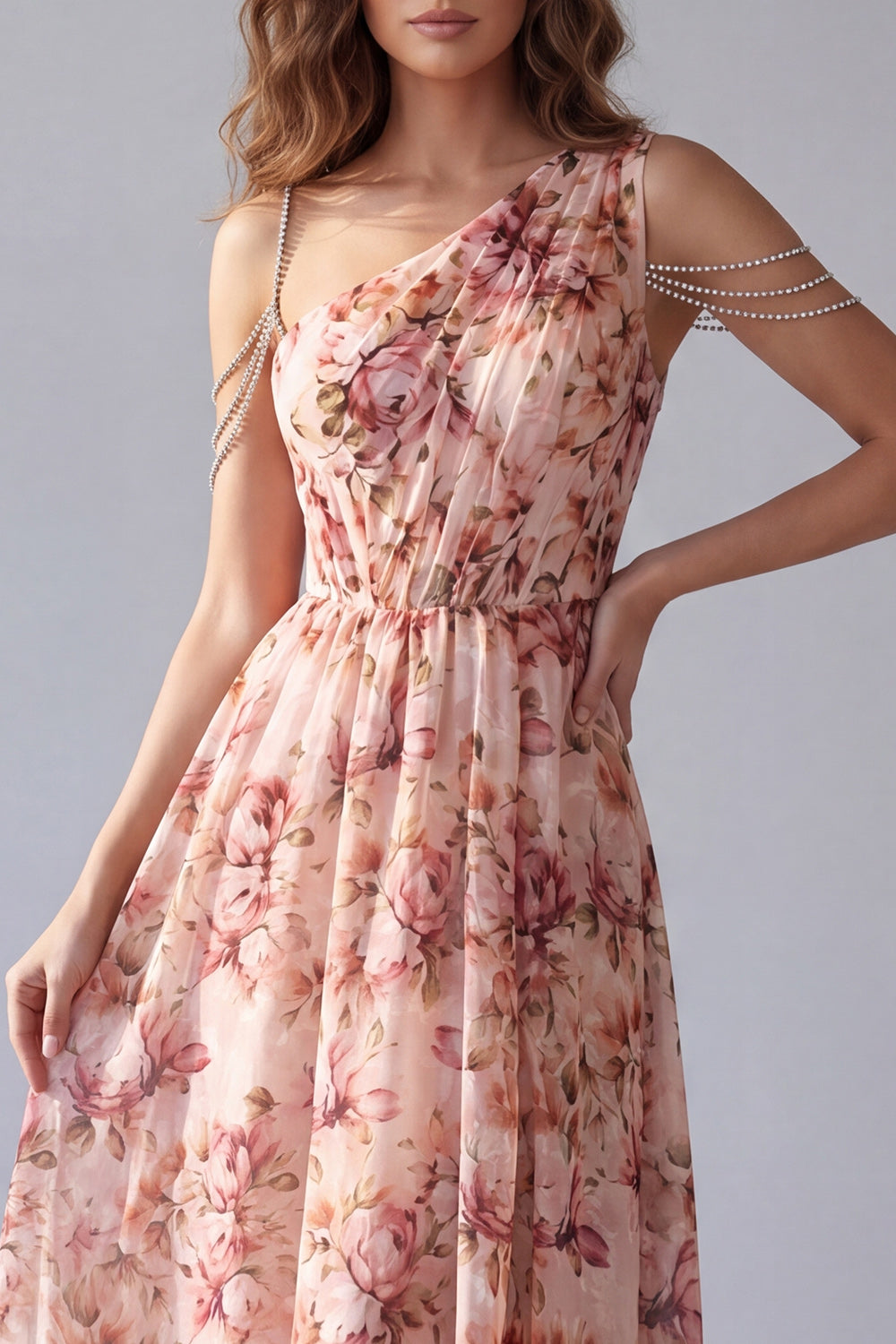 One Shoulder Pink Floral A-Line Formal Dress