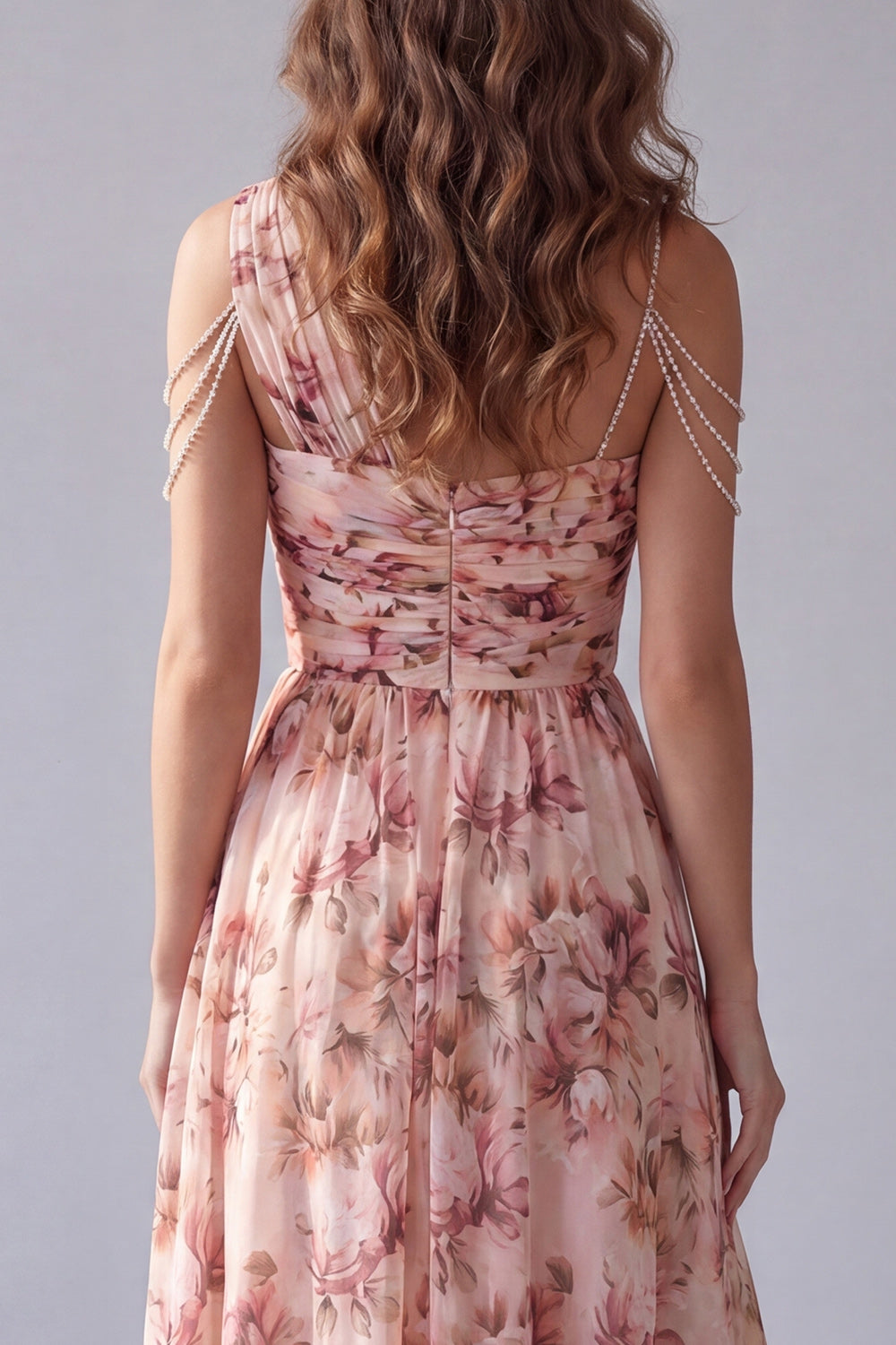 One Shoulder Pink Floral A-Line Formal Dress