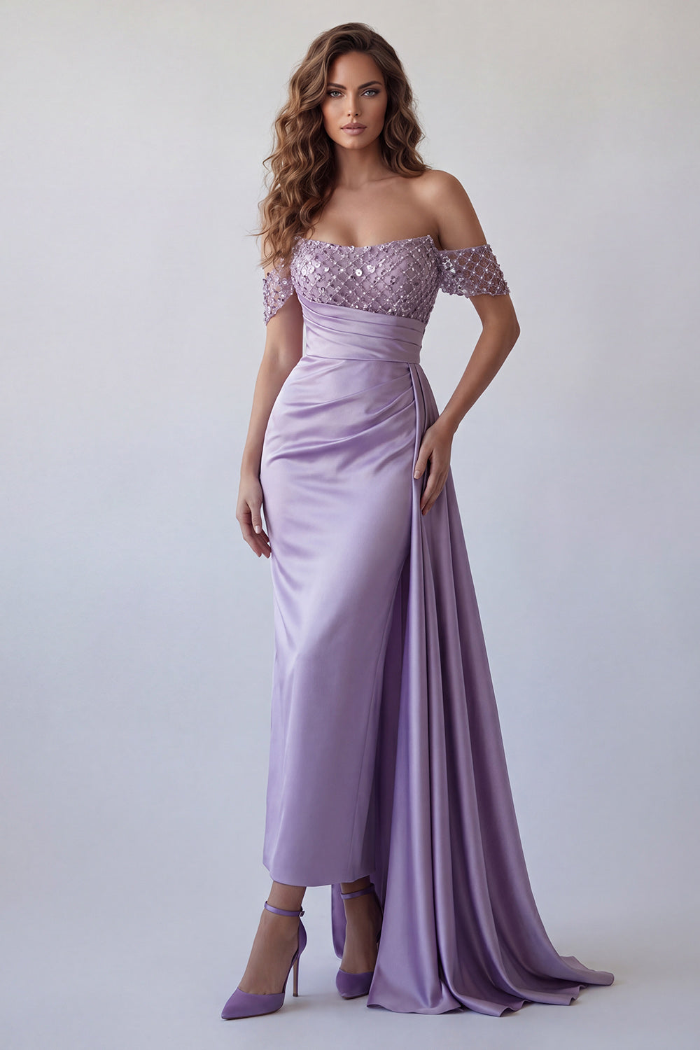 Sparkly Light Purple Off The Shoulder Sheath Formal Dress with Streamer