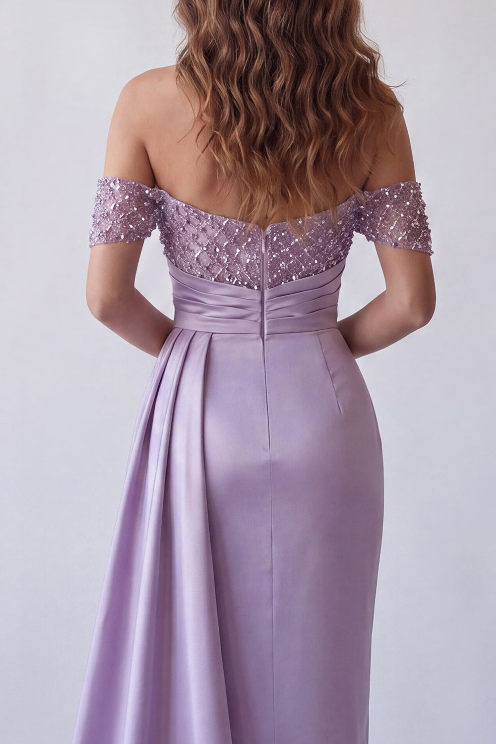 Sparkly Light Purple Off The Shoulder Sheath Formal Dress with Streamer