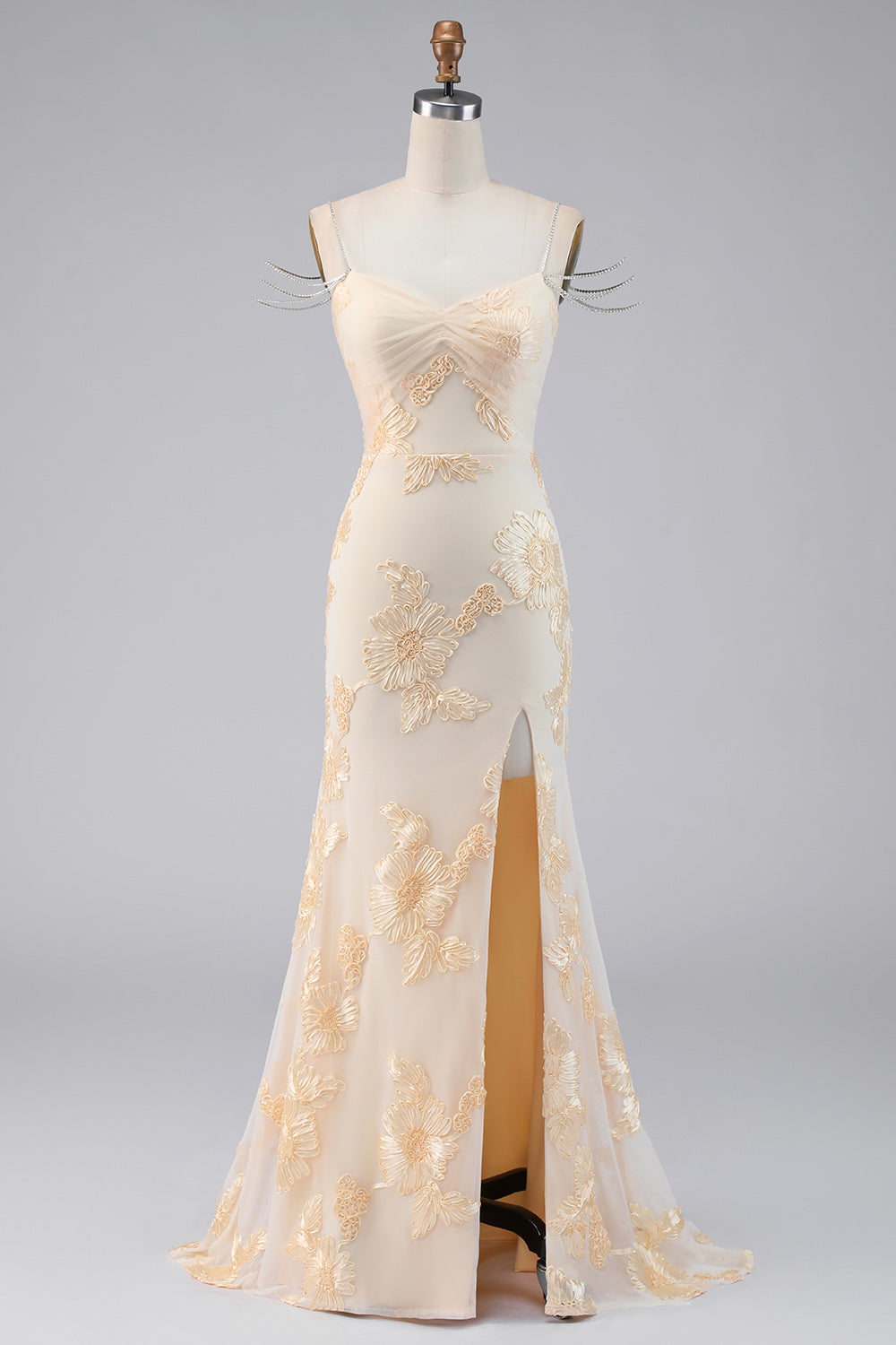 Vestido de noche formal de sirena floral amarillo claro con tirantes de cadena de pedrería