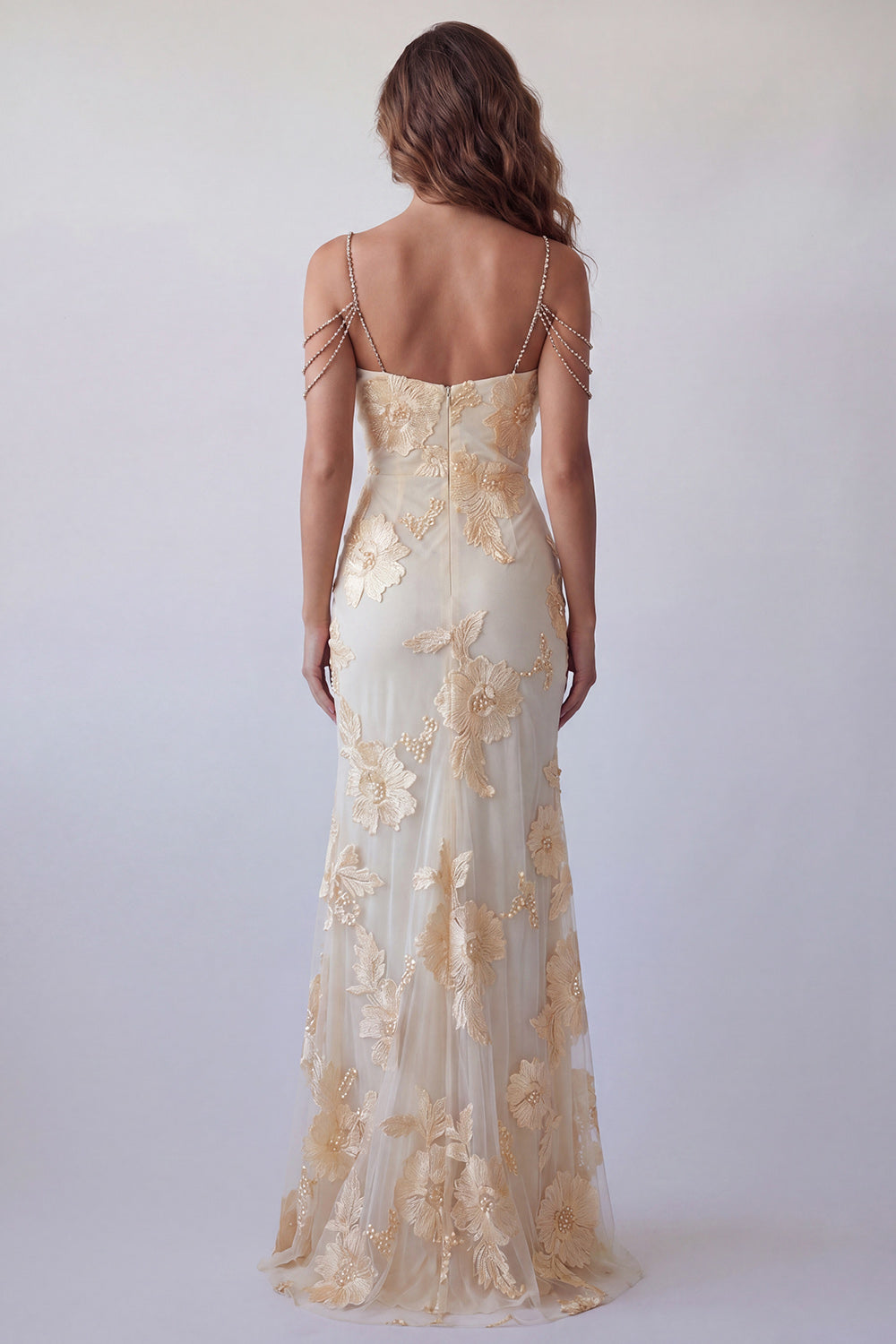 Vestido de noche formal de sirena floral amarillo claro con tirantes de cadena de pedrería