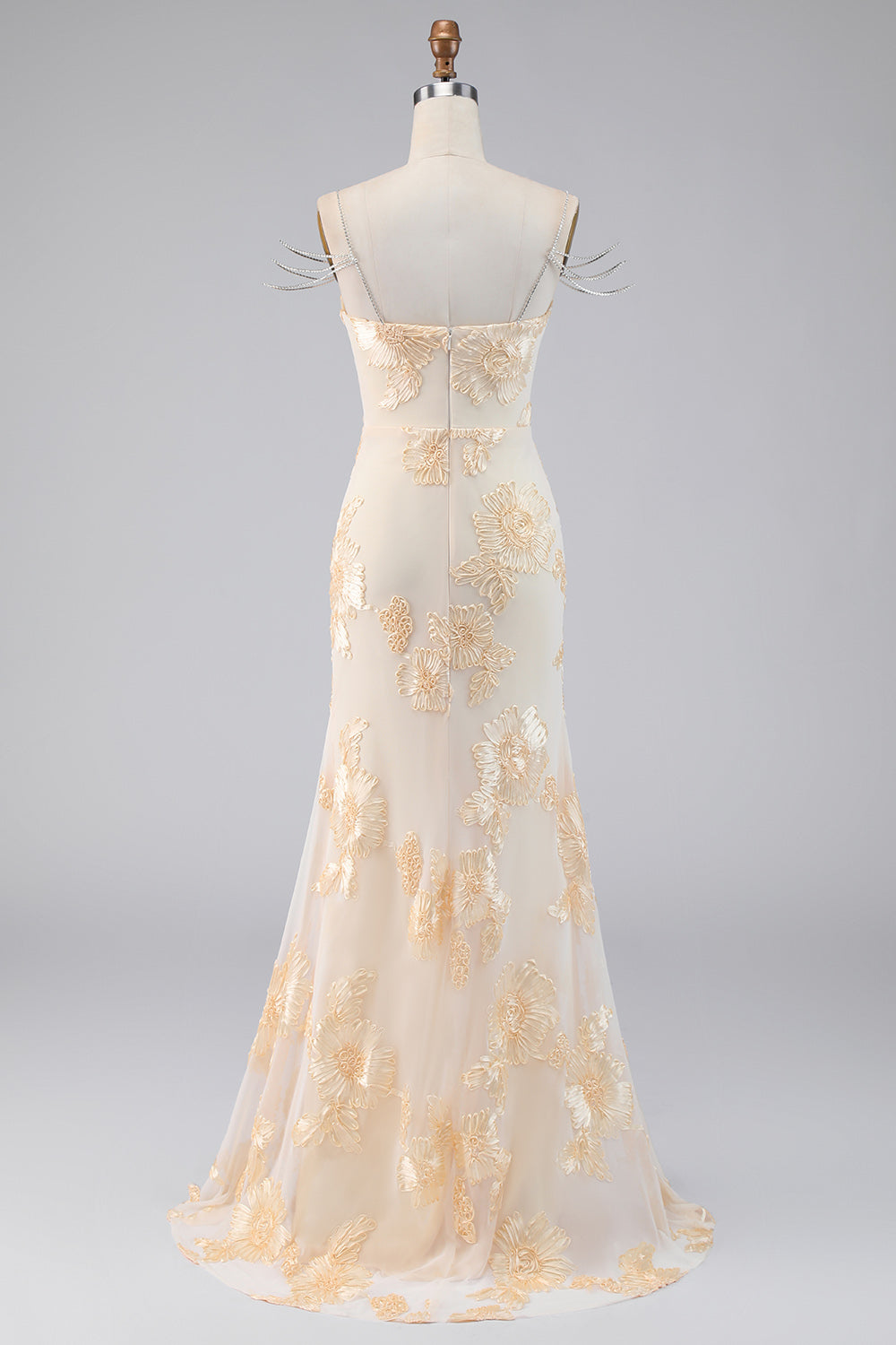 Vestido de noche formal de sirena floral amarillo claro con tirantes de cadena de pedrería
