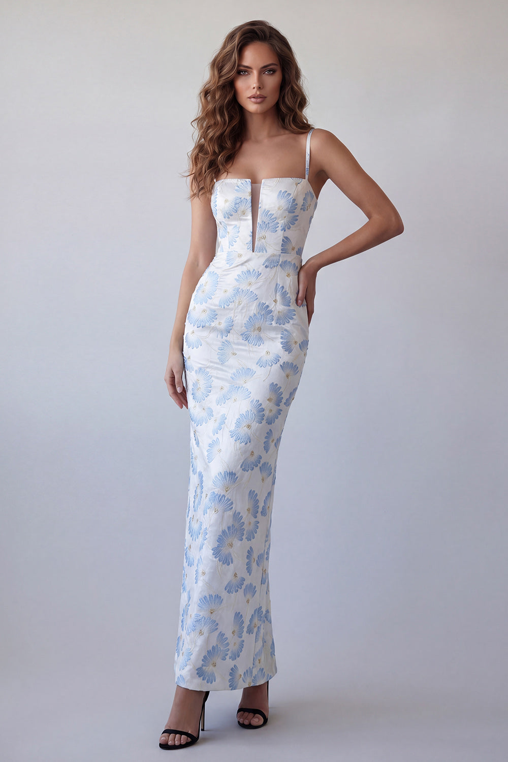 Light Blue Floral Bodycon Spaghetti Straps Long Formal Dress