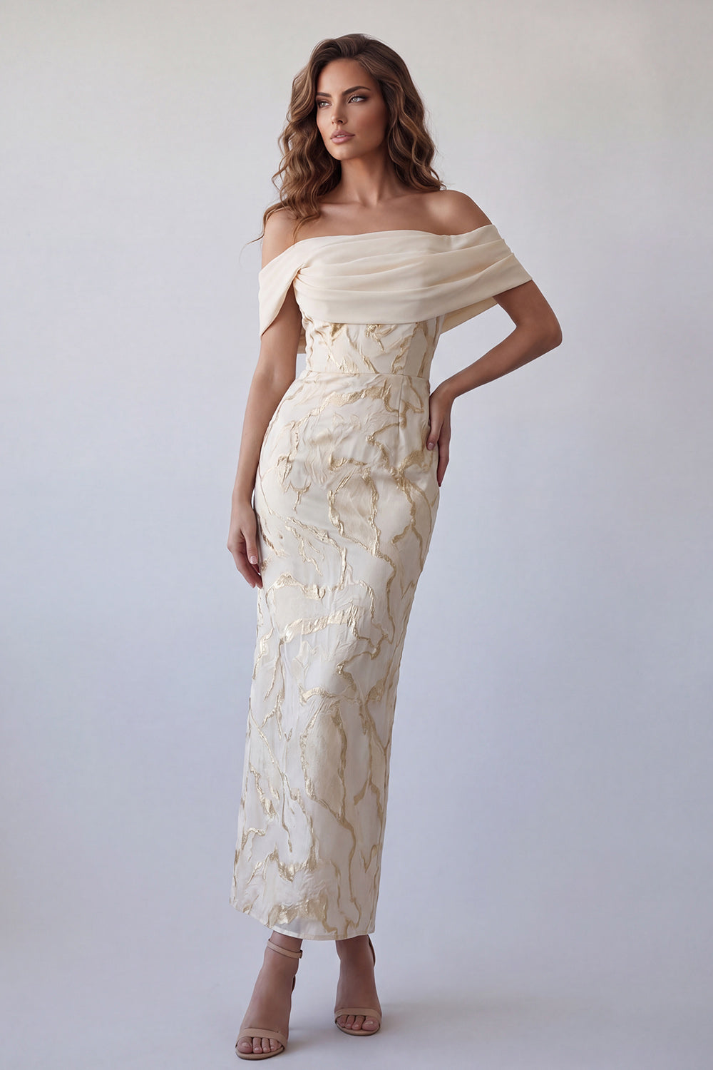 Champagne Off-the-Shoulder Bodycon Printed Maxi Formal Dress
